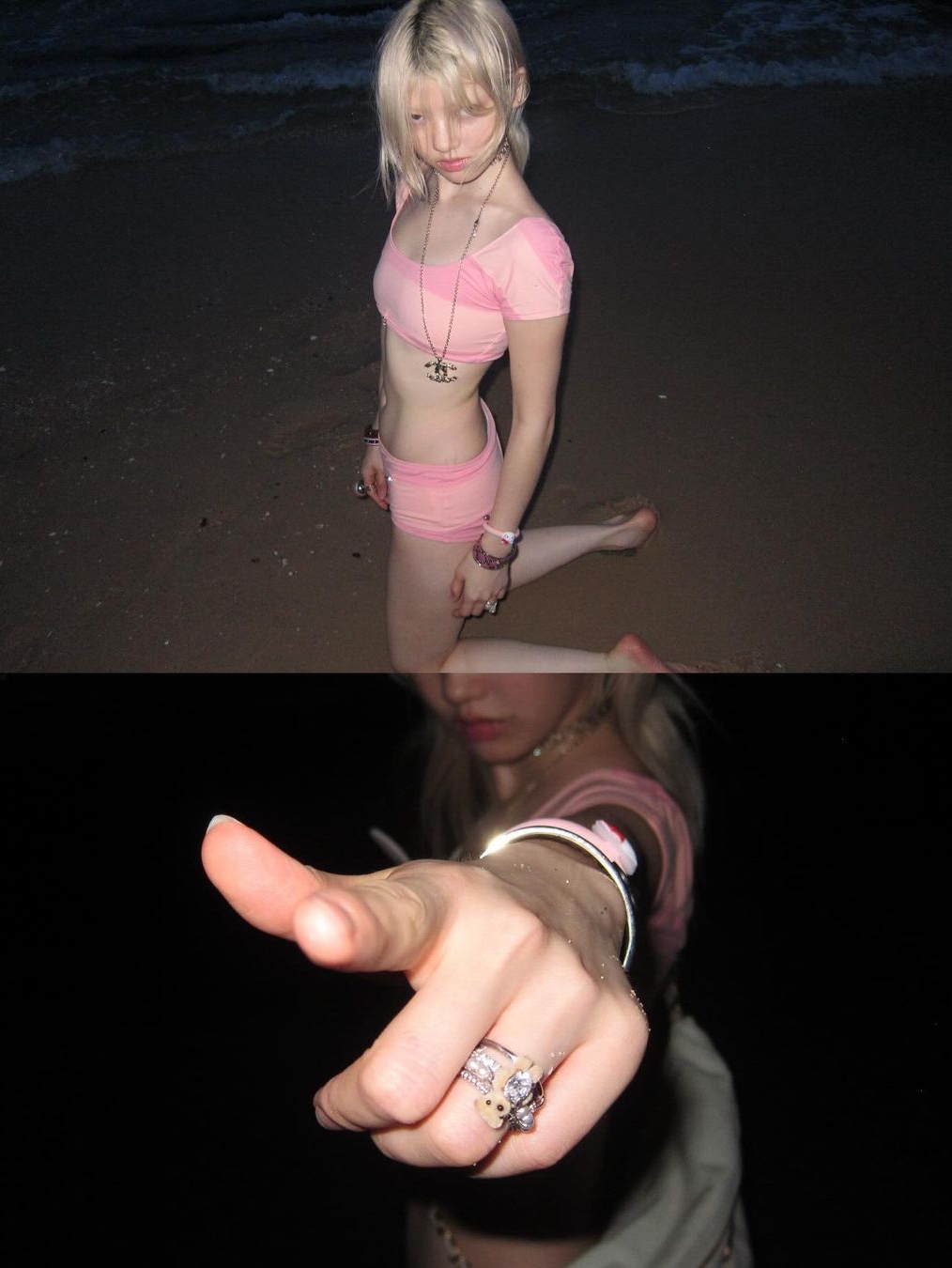 Yvmin Mini Flocked Bear Pearl Ring Pink - 24FW, Yvmin Mini Flocked Bear Band Ring Pink - 24FW 착용 스타일 - 2