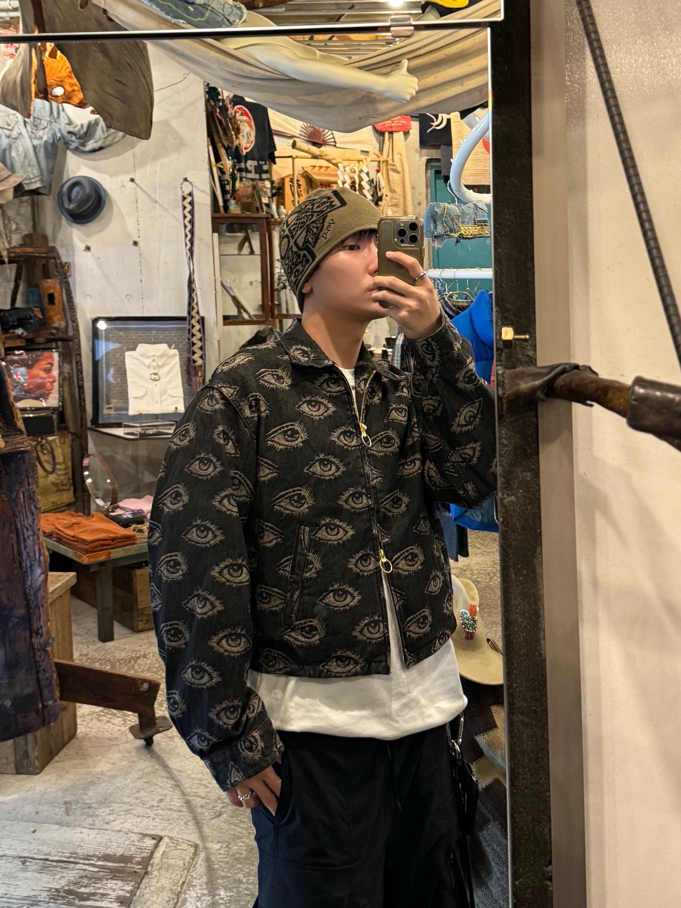 Kapital 12 oz. Speakeasy Denim Drizzler Jacket Black, Palace Celtic Nein Cuff Beanie The Deep Green - 24FW 착용 스타일