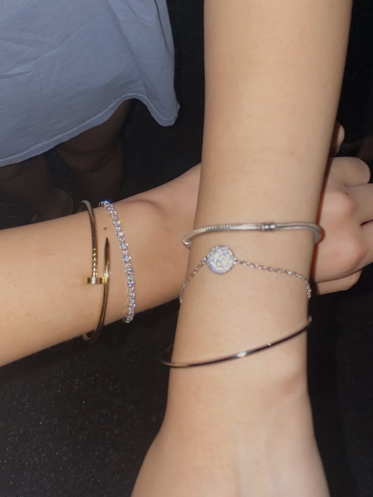 (W) Swarovski Matrix Tennis Bracelet White Rhodium Plated, (W) Swarovski Meteora Bangle White Rhodium Plated 착용 스타일