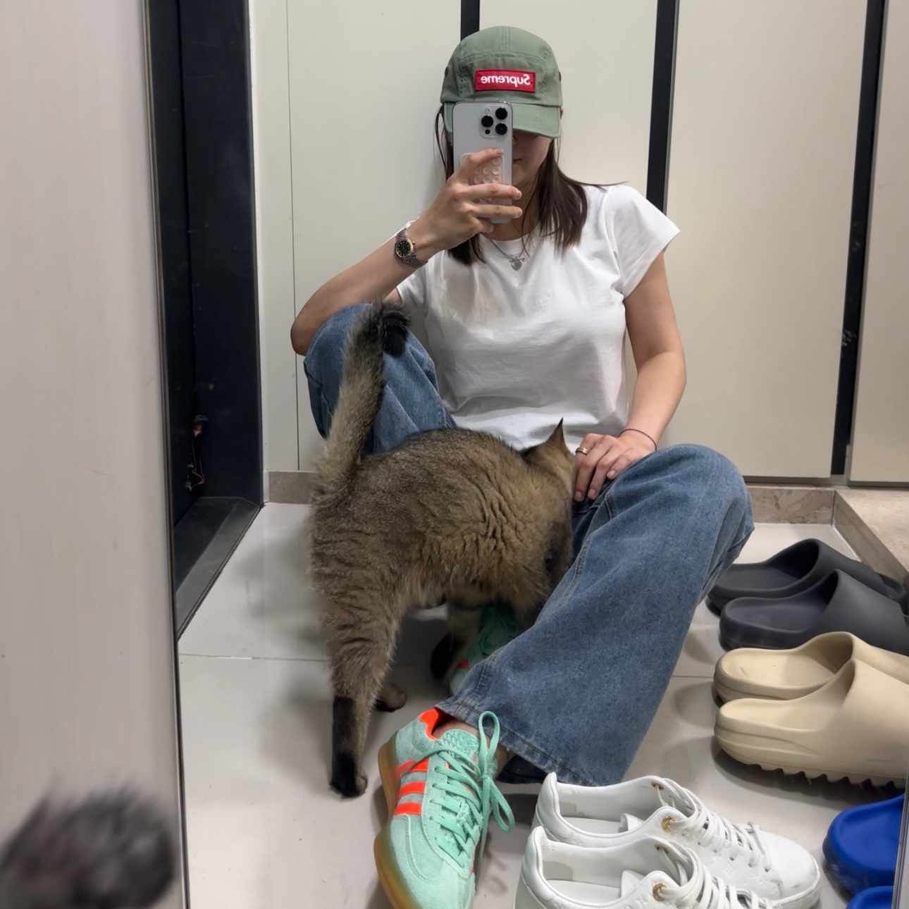 (W) Adidas Gazelle Indoor Pulse Mint Solar Orange, Supreme Military Camp Cap Olive - 24SS 착용 스타일 - 2