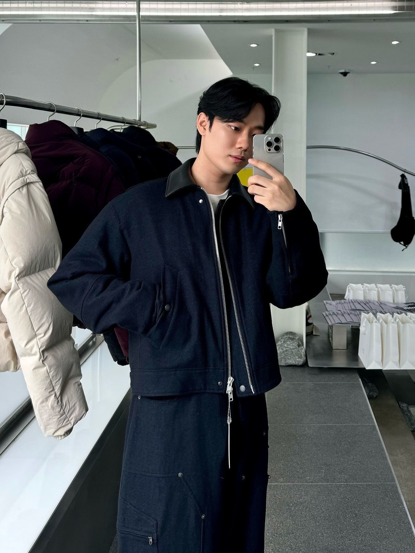 Haleine Cropped Wool Work Jacket Navy (VJ306), Haleine Cropped Wool Work Jacket Brown (VJ305) 착용 스타일