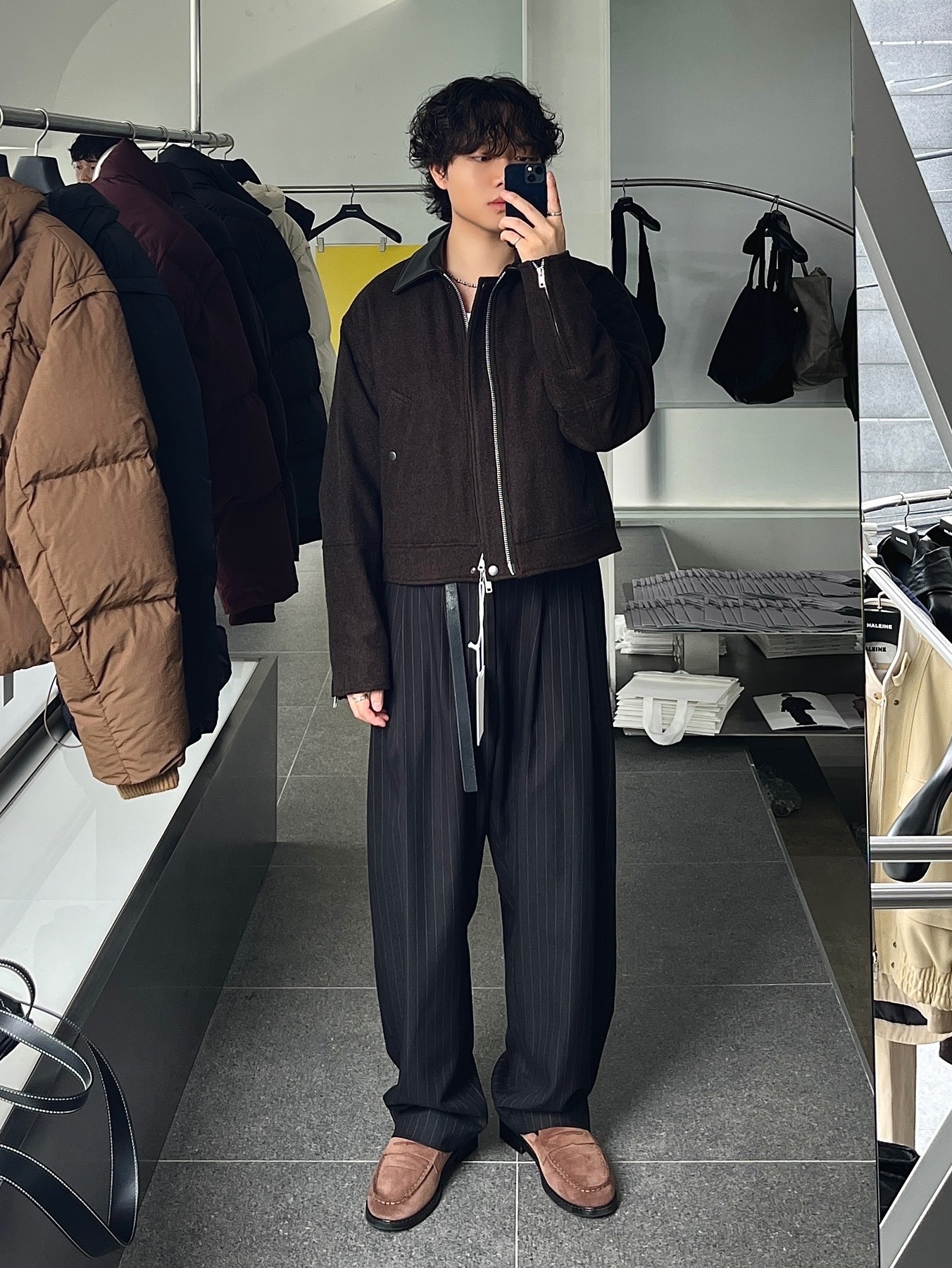 Haleine Cropped Wool Work Jacket Brown (VJ305), Haleine Cropped Wool Work Jacket Navy (VJ306) 착용 스타일