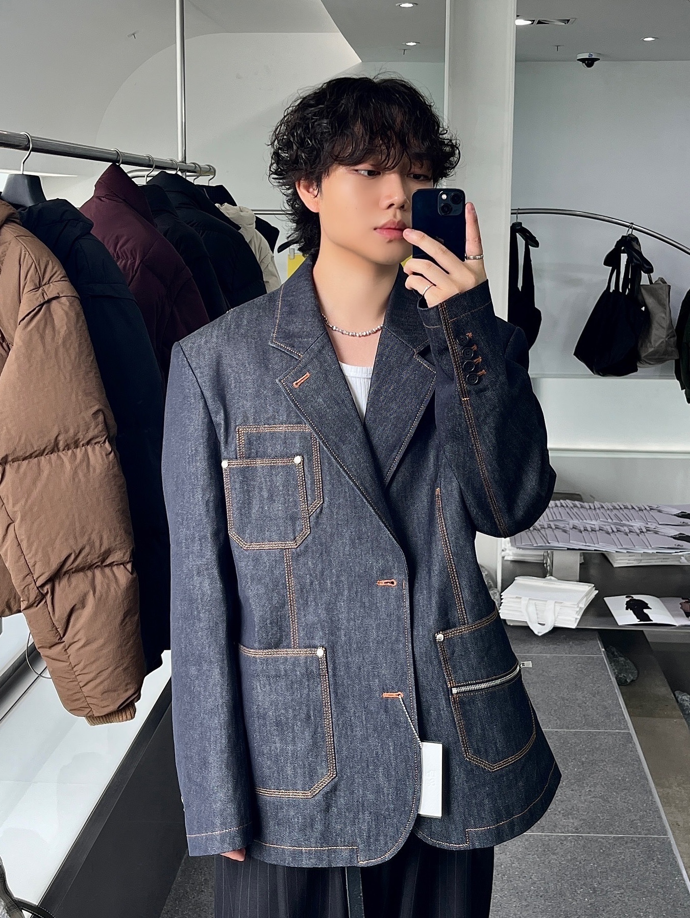 Haleine Patch Pocket Denim Blazer Indigo (VJ304), Haleine Patch Pocket Cotton Blazer Black (VJ303) 착용 스타일