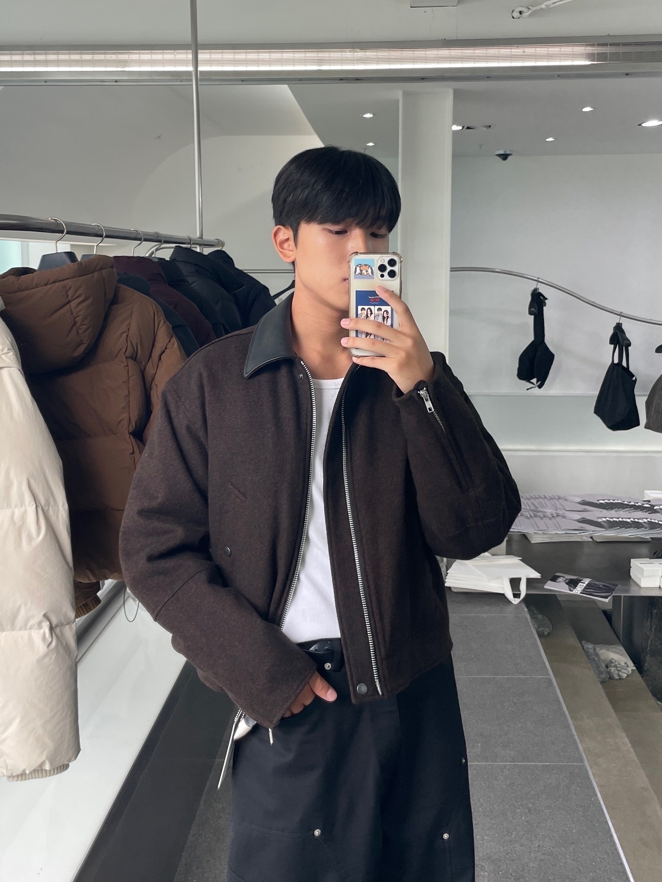 Haleine Cropped Wool Work Jacket Brown (VJ305), Haleine Cropped Wool Work Jacket Navy (VJ306) 착용 스타일