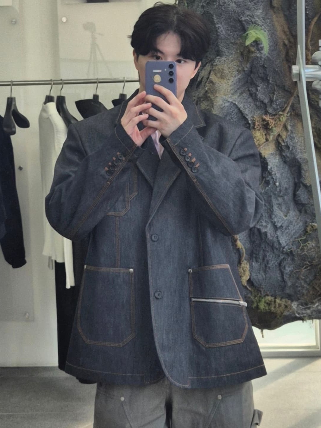 Haleine Patch Pocket Denim Blazer Indigo (VJ304), Haleine Patch Pocket Cotton Blazer Black (VJ303) 착용 스타일