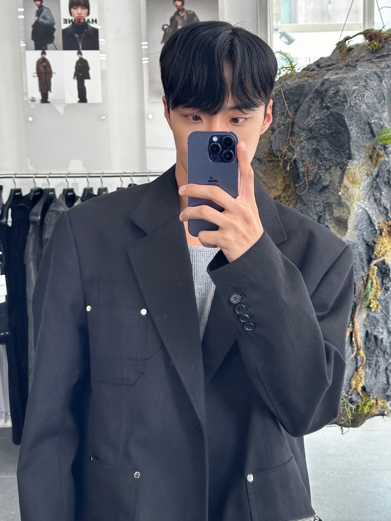 Haleine Patch Pocket Cotton Blazer Black (VJ303), Haleine Patch Pocket Denim Blazer Indigo (VJ304) 착용 스타일