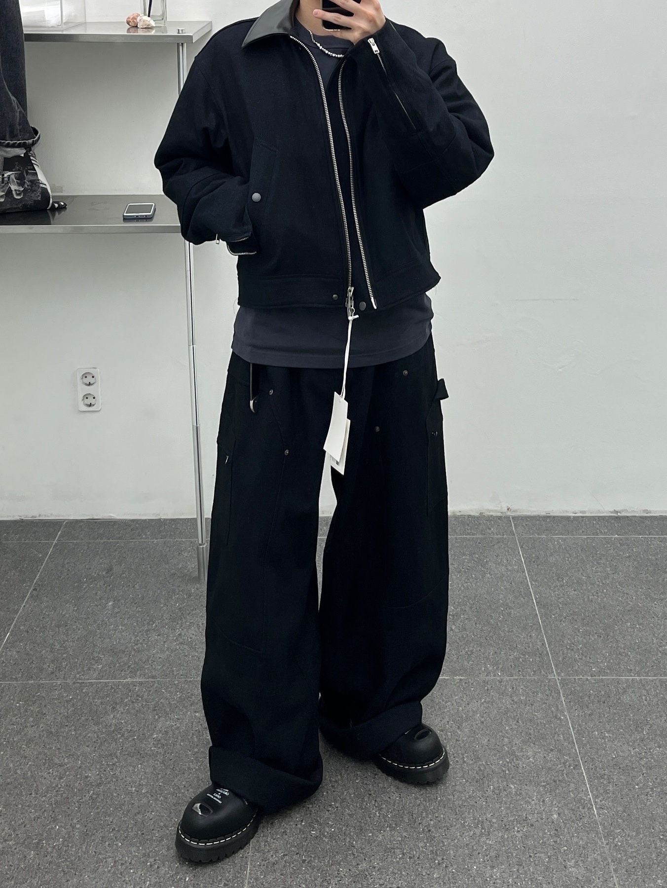 Haleine Cropped Wool Work Jacket Navy (VJ306), Haleine Cropped Wool Work Jacket Brown (VJ305) 착용 스타일