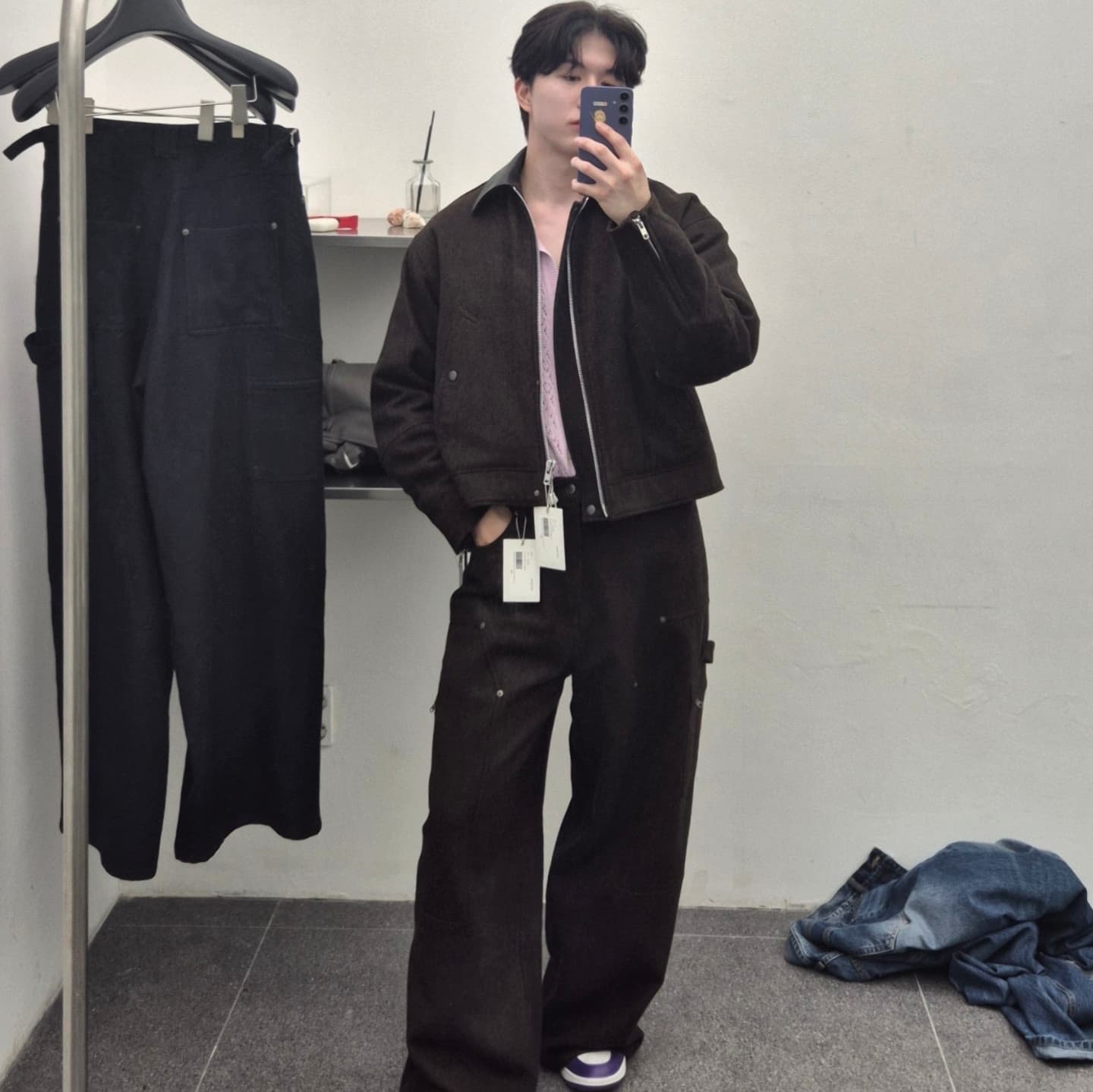 Haleine Carpenter Cargo Wool Pants Brown (VB306), Haleine Carpenter Cargo Wool Pants Navy (VB307) 착용 스타일