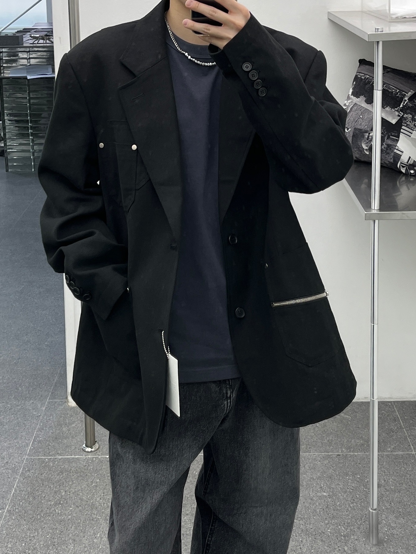 Haleine Patch Pocket Cotton Blazer Black (VJ303), Haleine Patch Pocket Denim Blazer Indigo (VJ304) 착용 스타일
