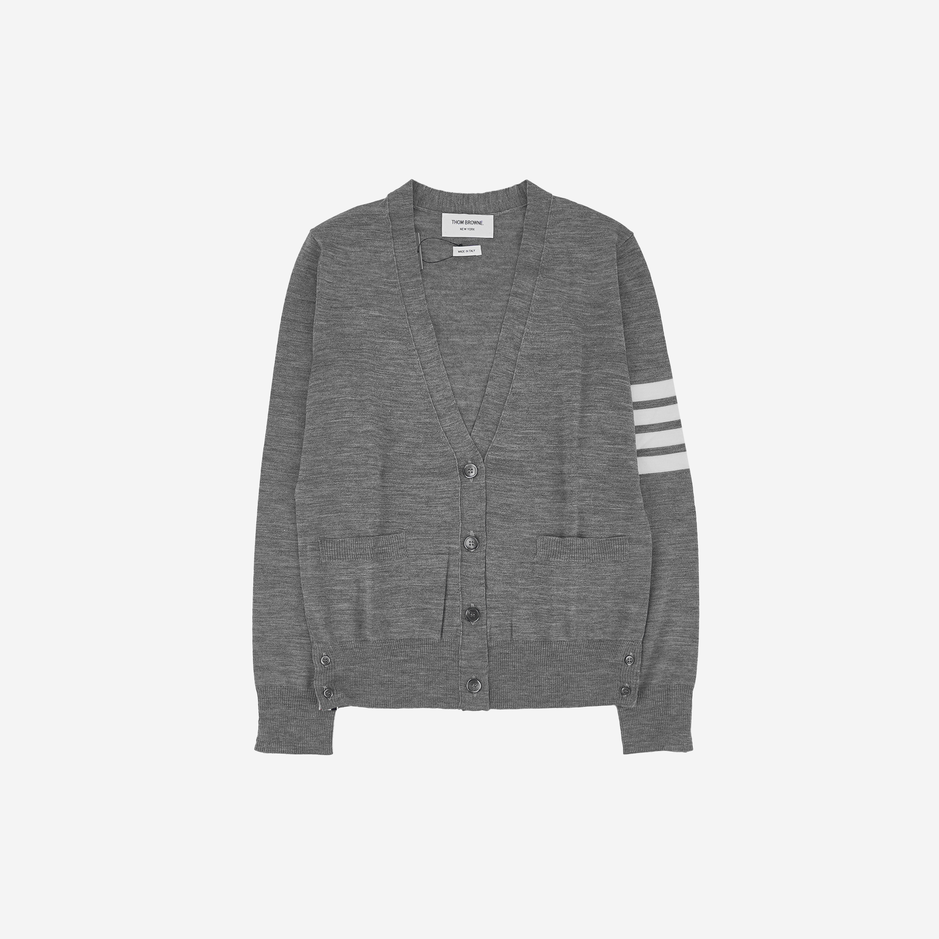 (W) Thom Browne Sustainable Fine Merino Wool 4-Bar Relaxed Fit V-Neck Cardigan Light Grey