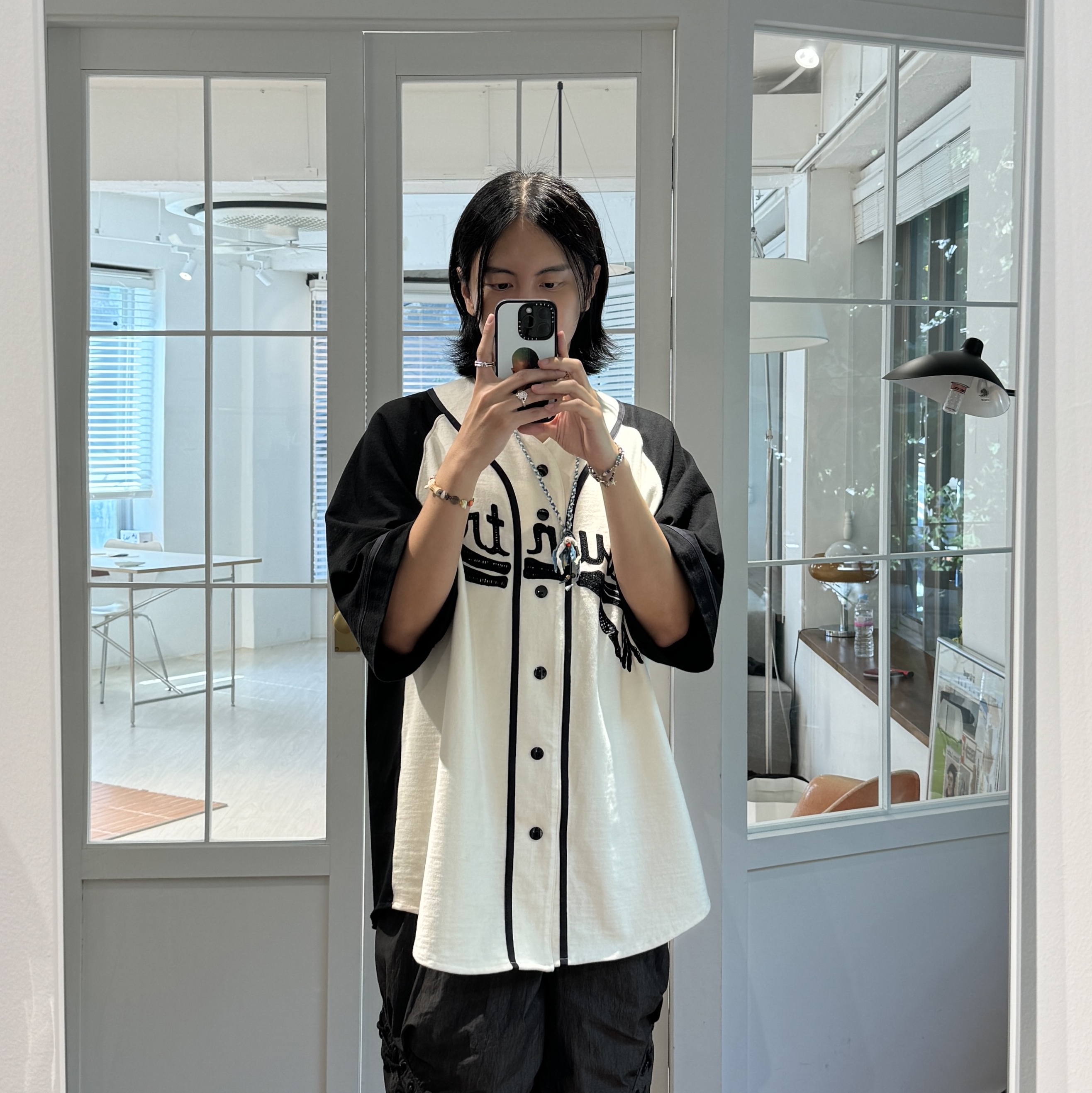 Kapital Baseball Bone Shirt Kinari Black 착용 스타일 - 1