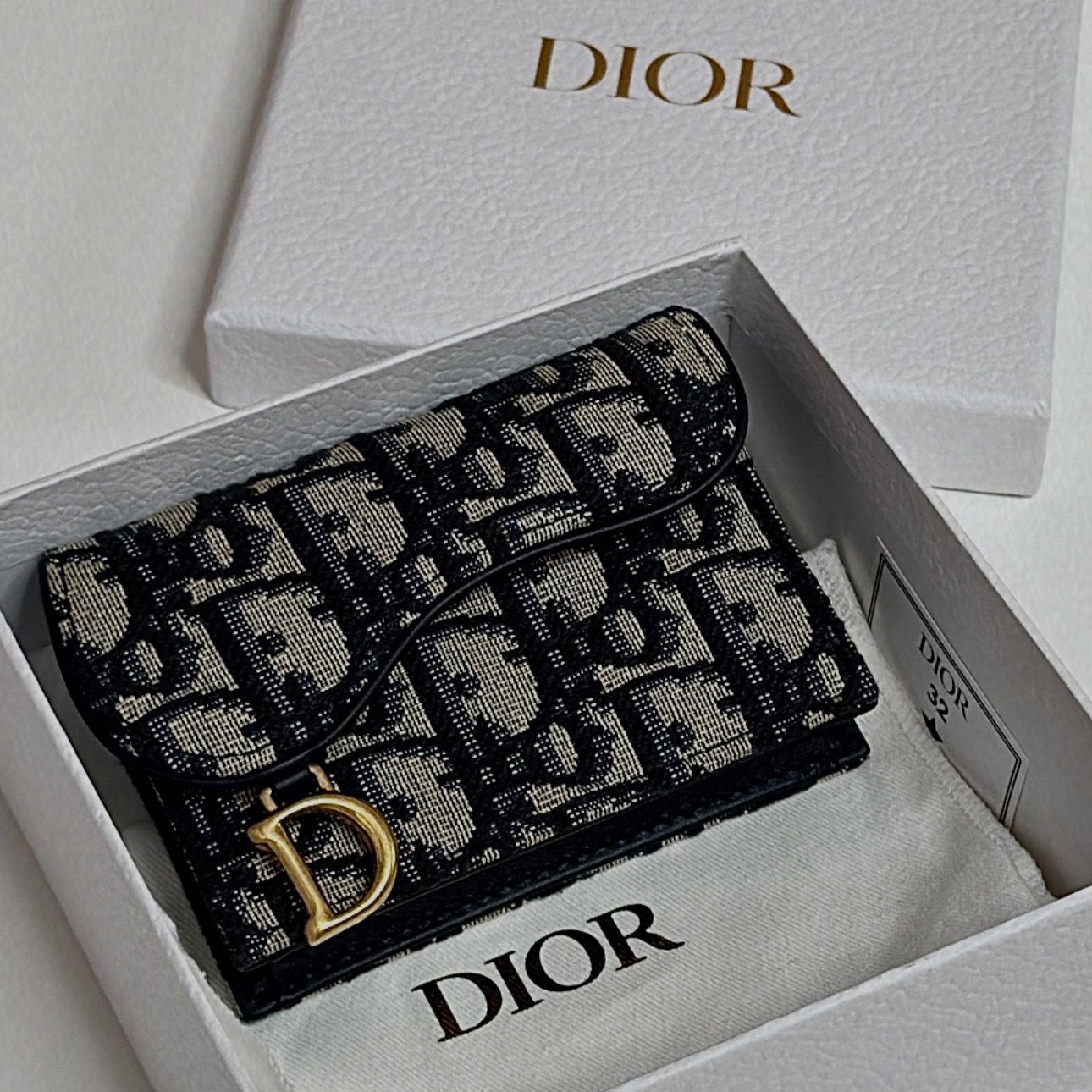 Dior Saddle Flap Card Holder Blue Dior Oblique Jacquard 착용 스타일