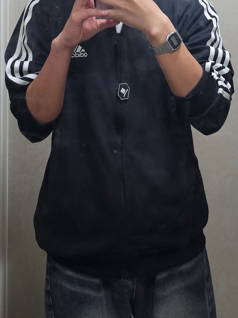 Adidas 3S Regular Fit Double Knit Track Top Black White - KR Sizing, Casio A-158WA-1 착용 스타일