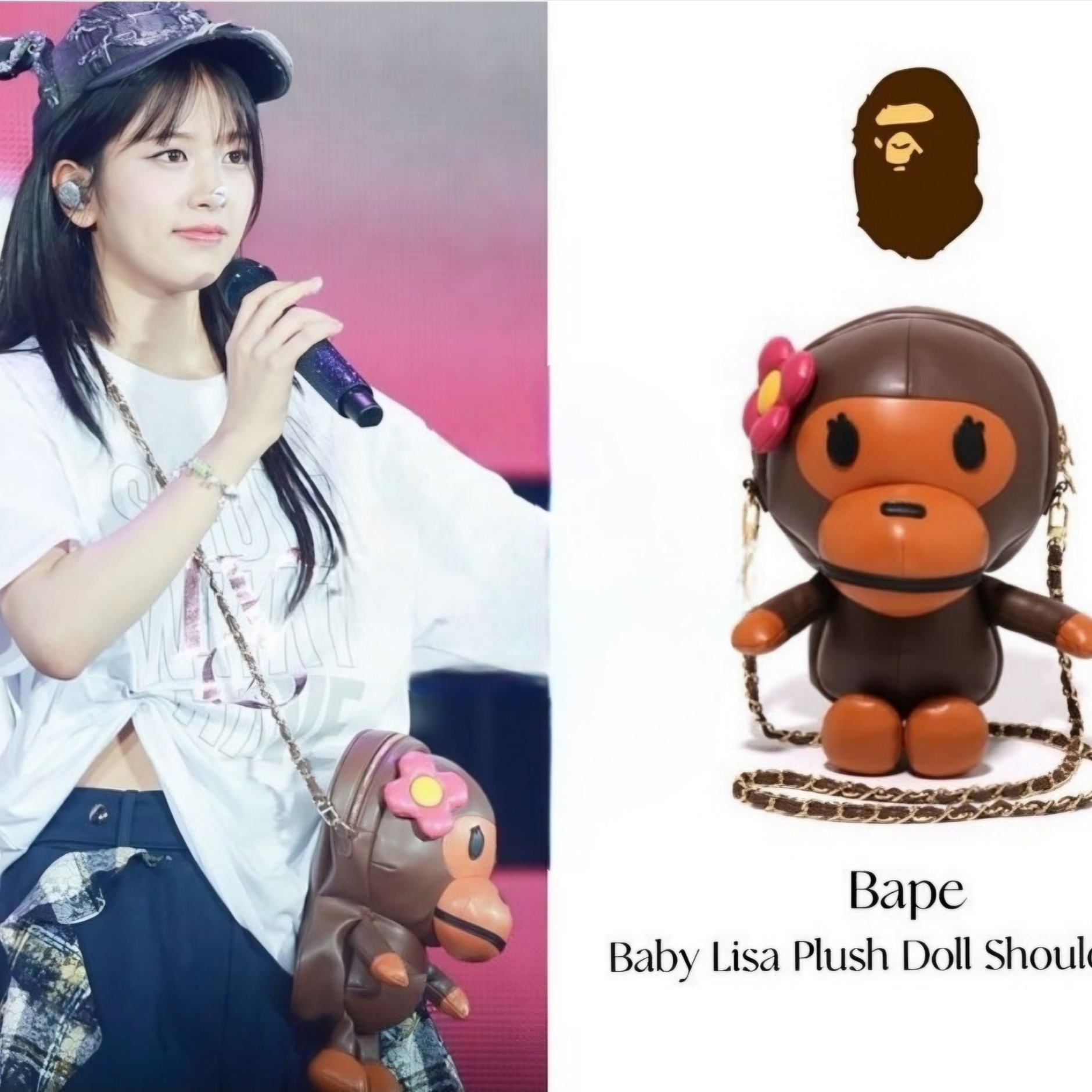 (W) BAPE Baby Lisa Plush Doll Chain Shoulder Bag Brown 착용 스타일