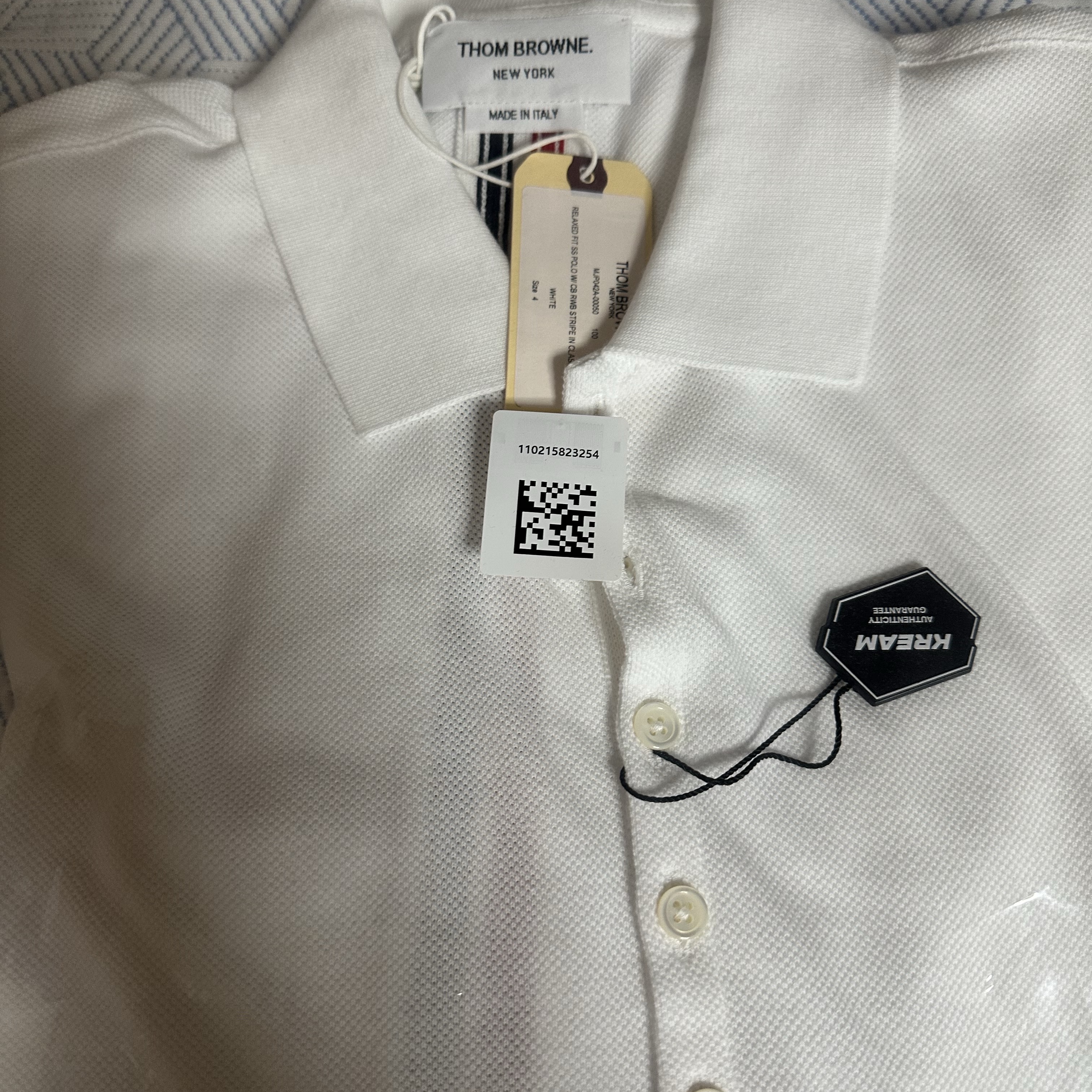 Thom Browne Cotton Pique Center Back Stripe Relaxed Fit Polo White 착용 스타일