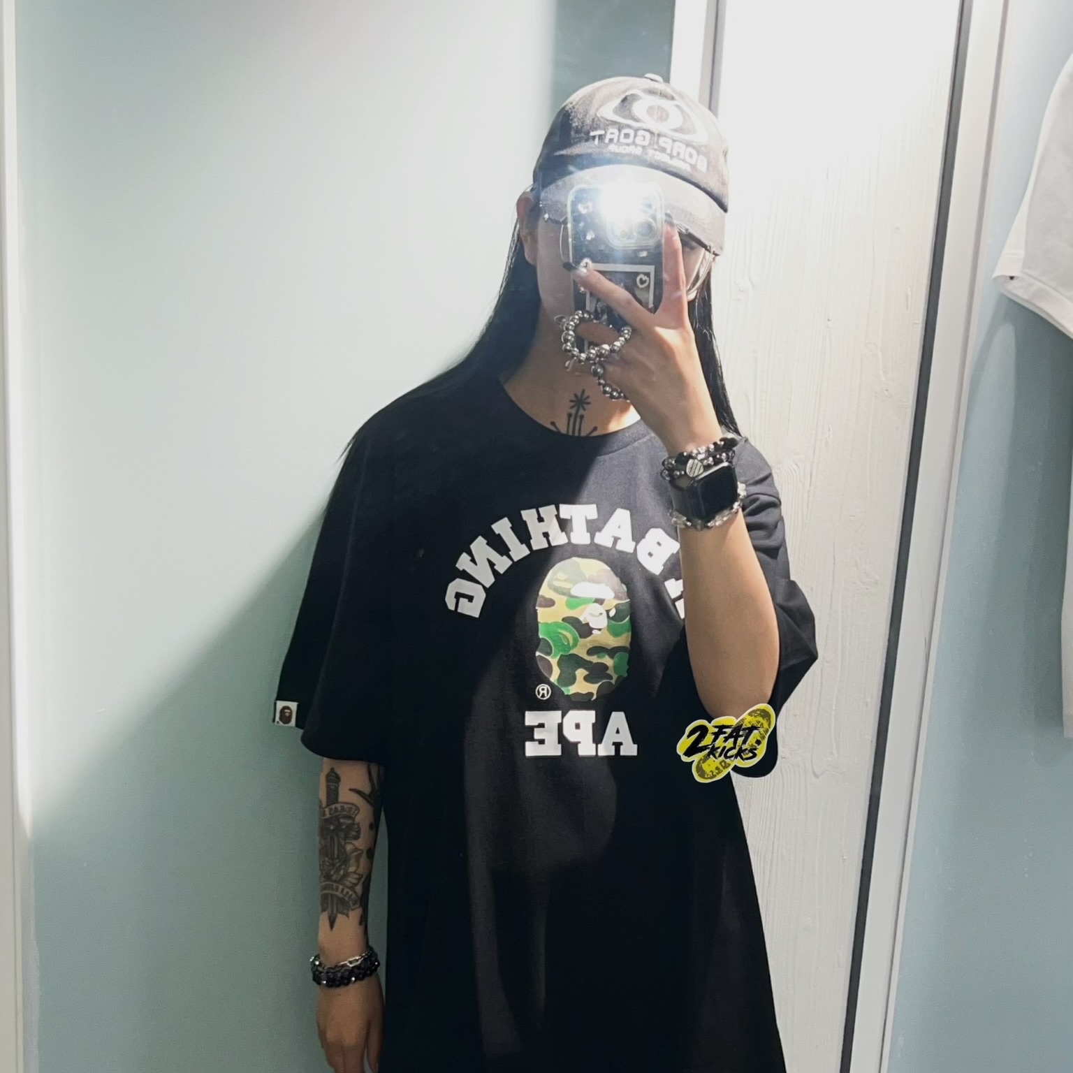 BAPE ABC Camo College T-Shirt Black Green, BAPE ABC Camo College T-Shirt White Green 착용 스타일 - 2