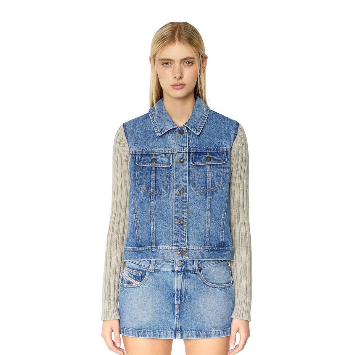 (W) Diesel M-Itzee Knit and Denim Trucker Jacket Medium Blue 착용 스타일 - 2