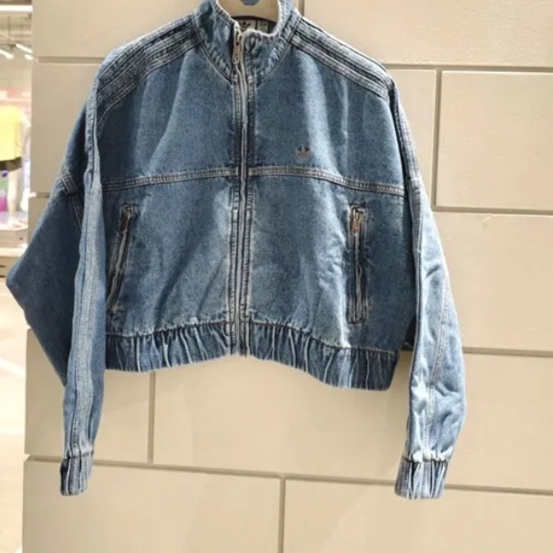 (W) Adidas Premium Essential Denim Track Top Blue - KR Sizing 착용 스타일 - 3