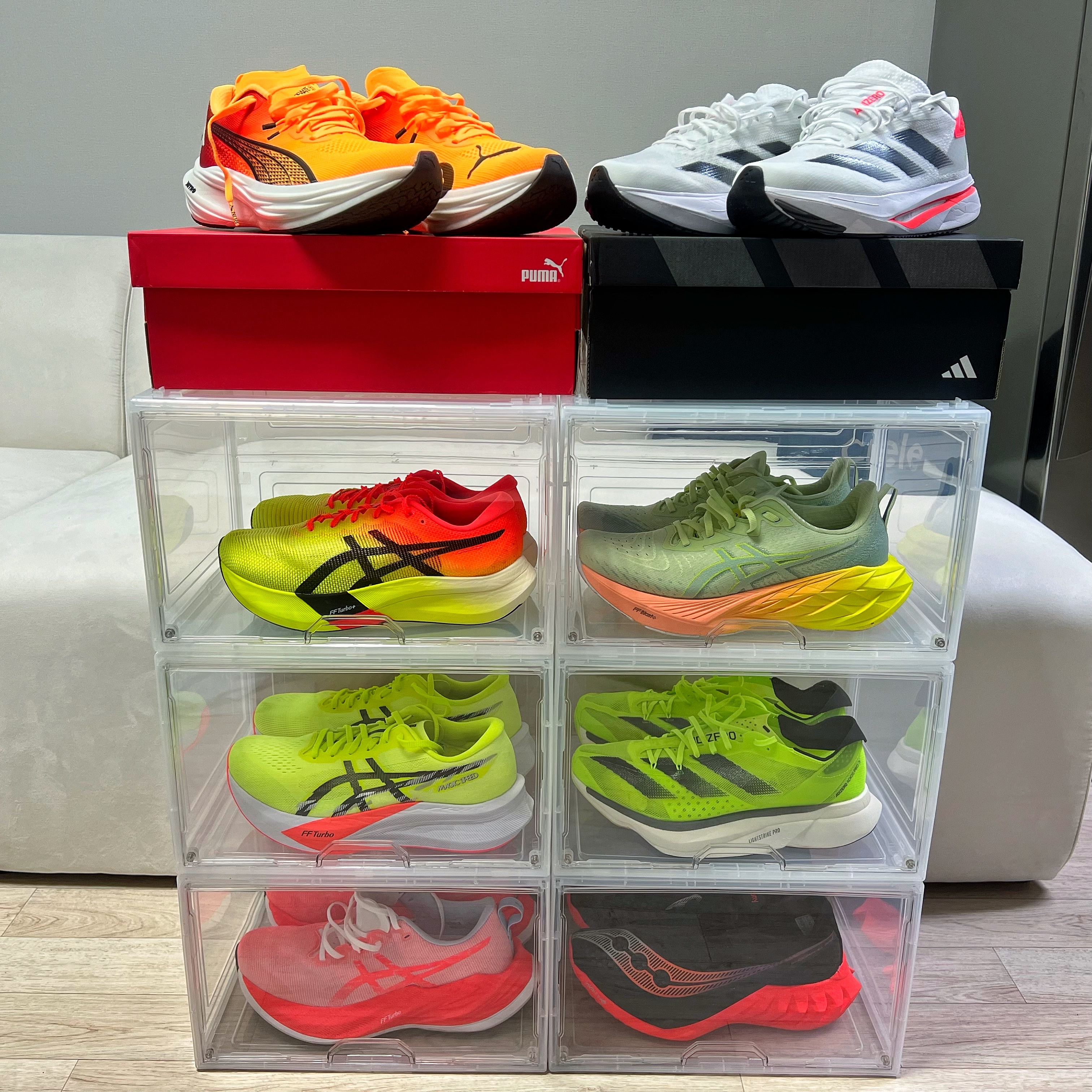 Puma Deviate Nitro 3 Fade Sun Stream Sunset Glow, Asics Metaspeed Edge Paris Safety Yellow Black 착용 스타일