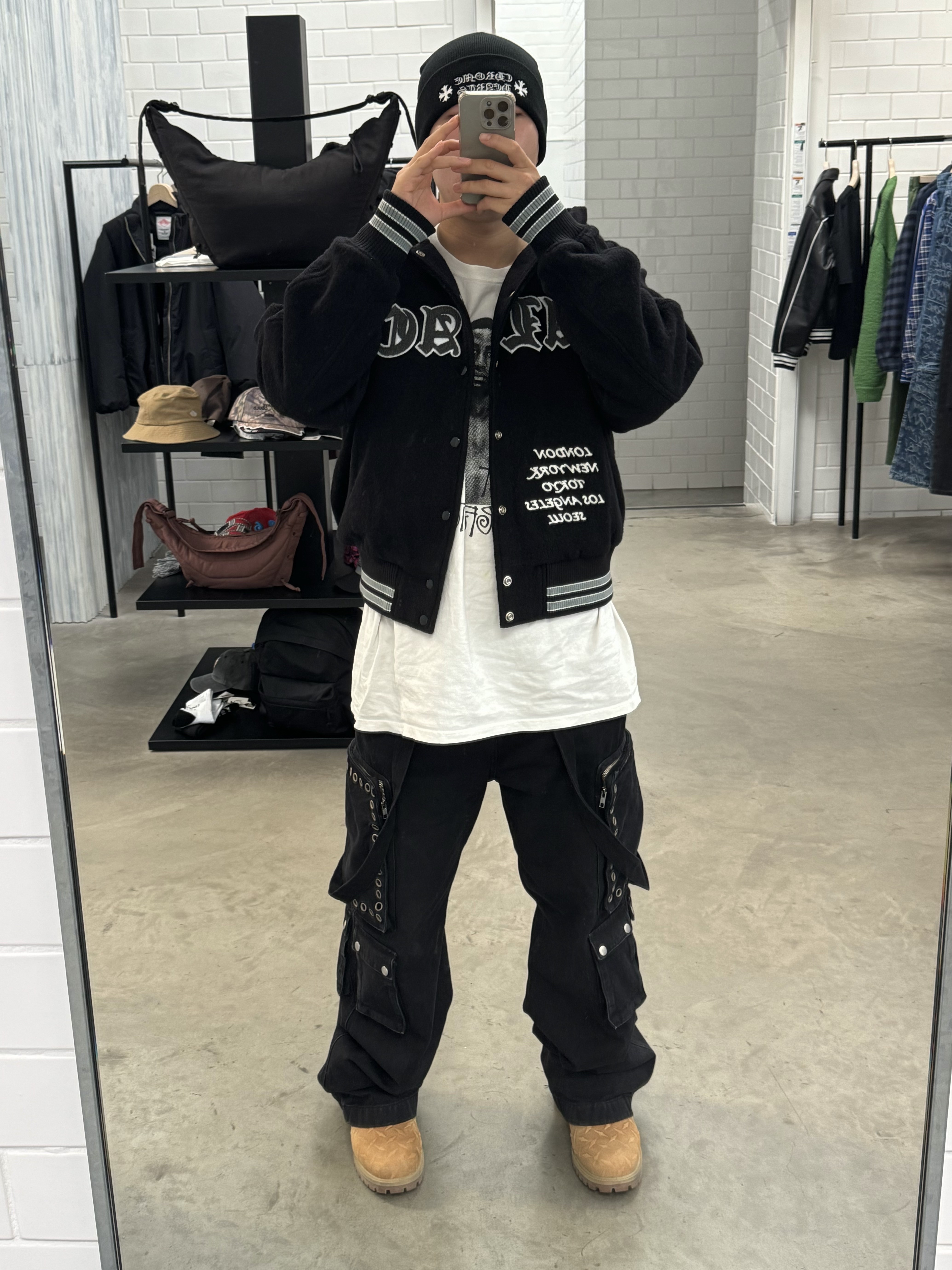 Palace Hooded Varsity Jacket Black - 24FW, Chrome Hearts Logo Beanie Black 착용 스타일 - 1