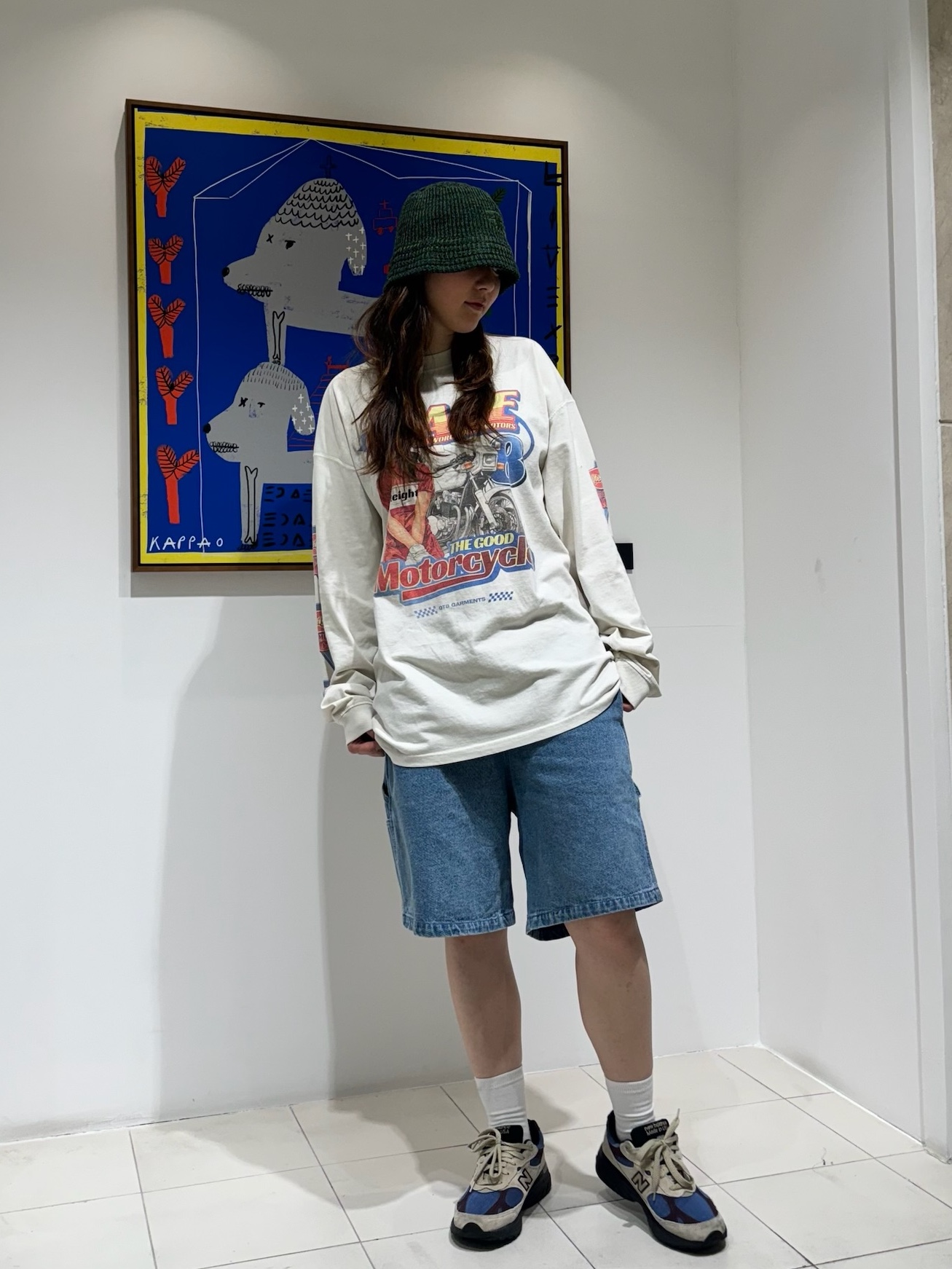 QT8 GARMENTS TL Ace Motors Vintage Washed Long Sleeve Ecru, Stussy Bucket Hat Marl Knit Green 착용 스타일 - 5