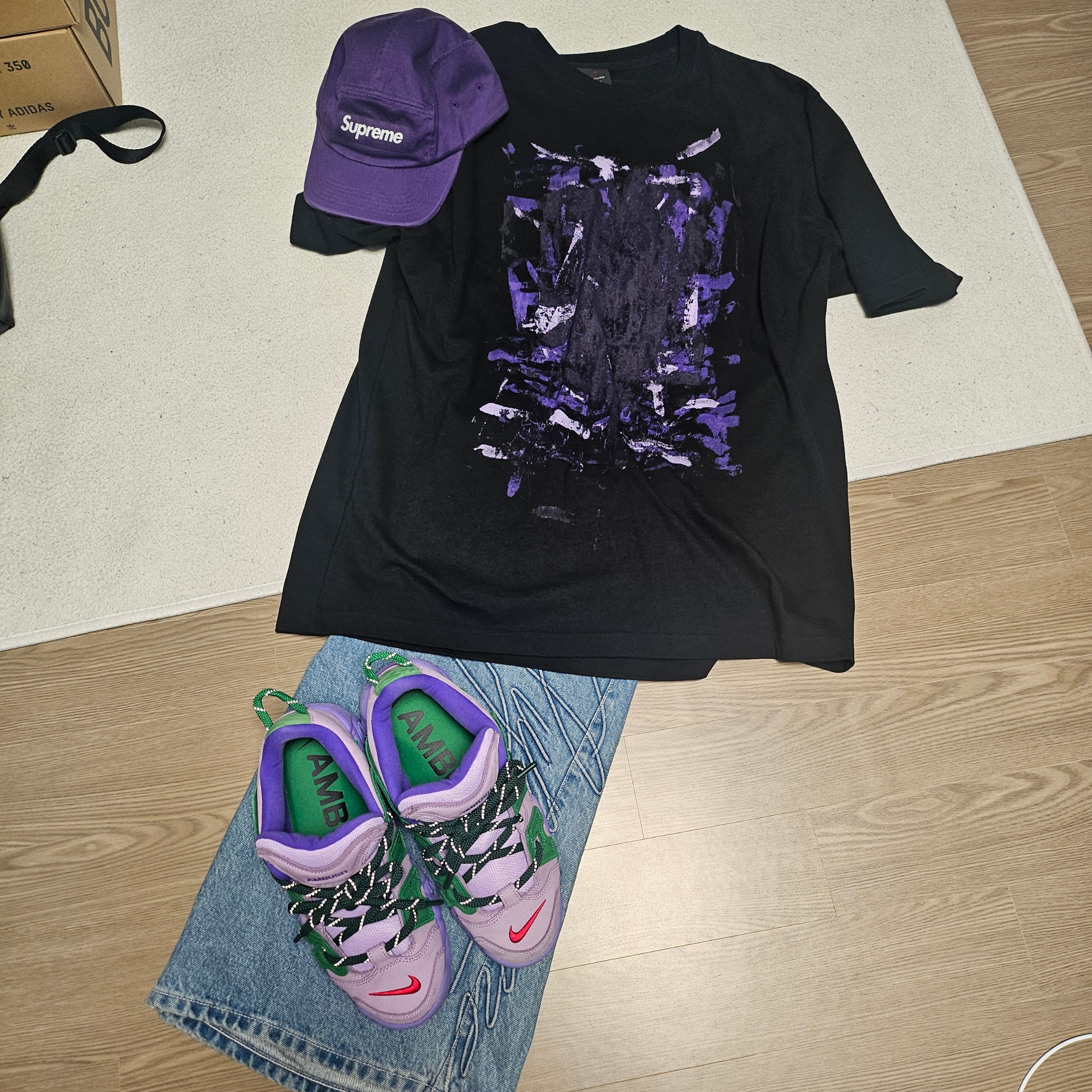 Supreme Washed Chino Twill Camp Cap Purple - 24SS, Supreme Script Baggy Denim Short Washed Indigo - 24SS 착용 스타일 - 2