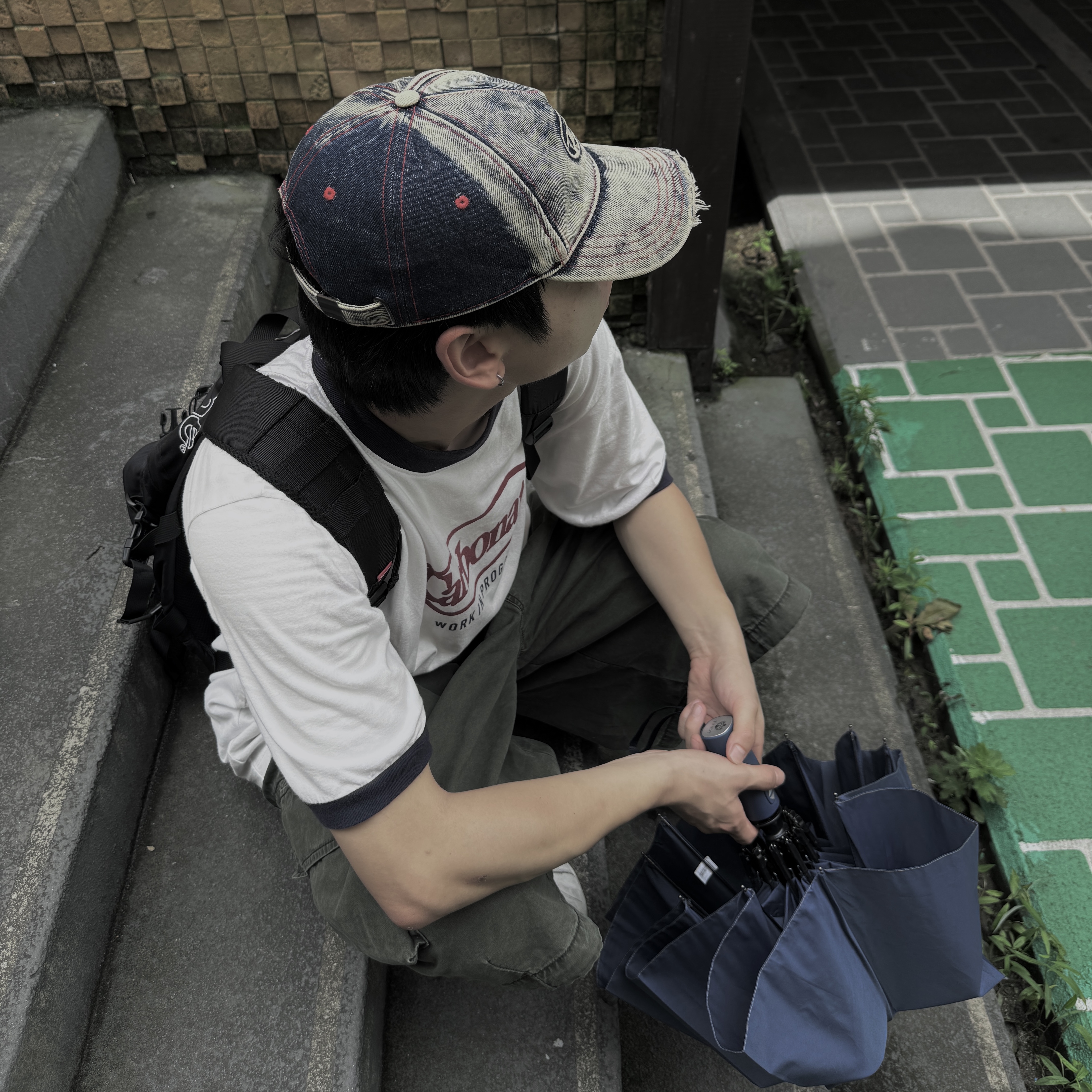 Diesel C-Seymon Treated Denim Baseball Cap Blue White, Supreme Backpack Black - 19FW 착용 스타일 - 2