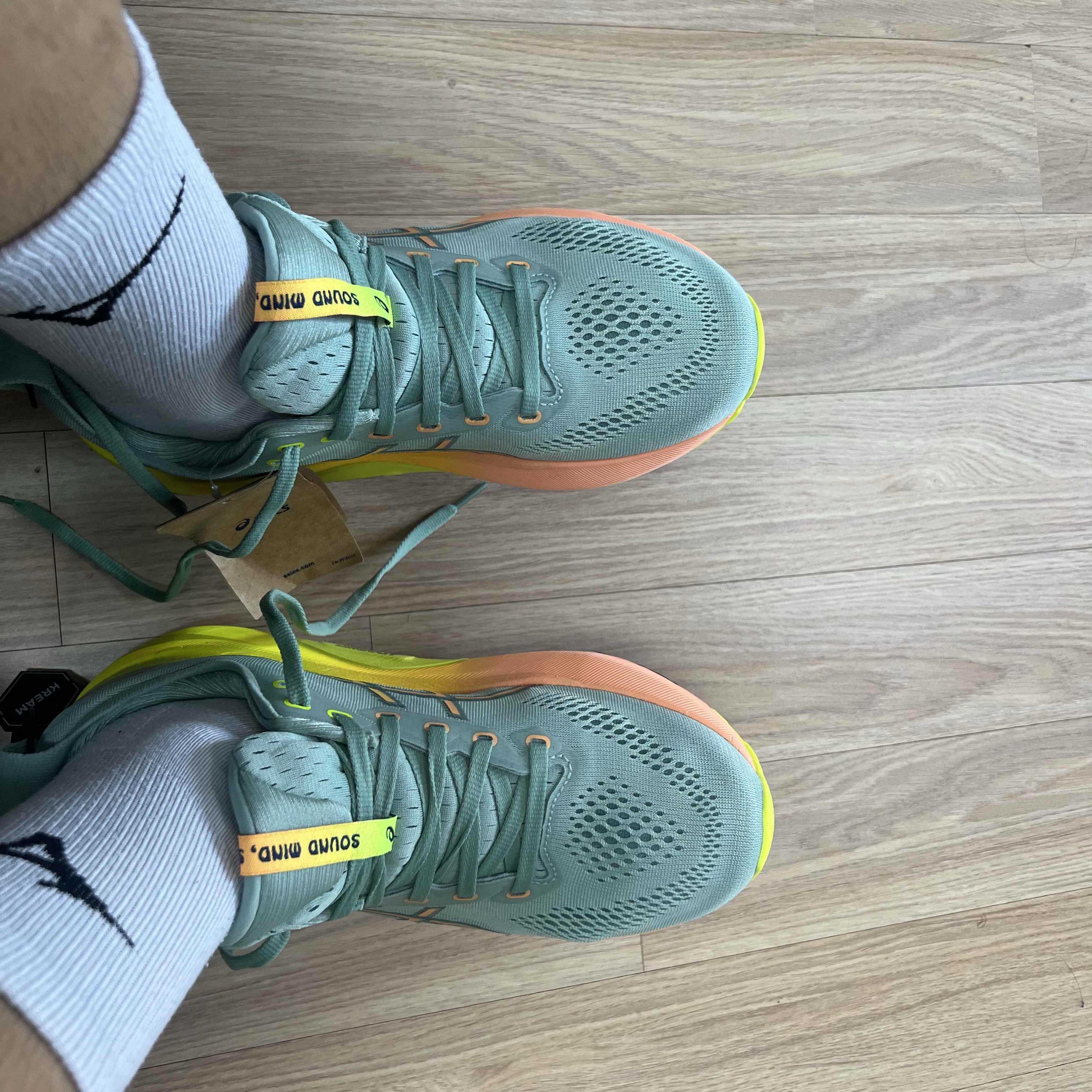 Asics Gel-Kayano 31 Paris Light Celadon Safety Yellow 착용 스타일