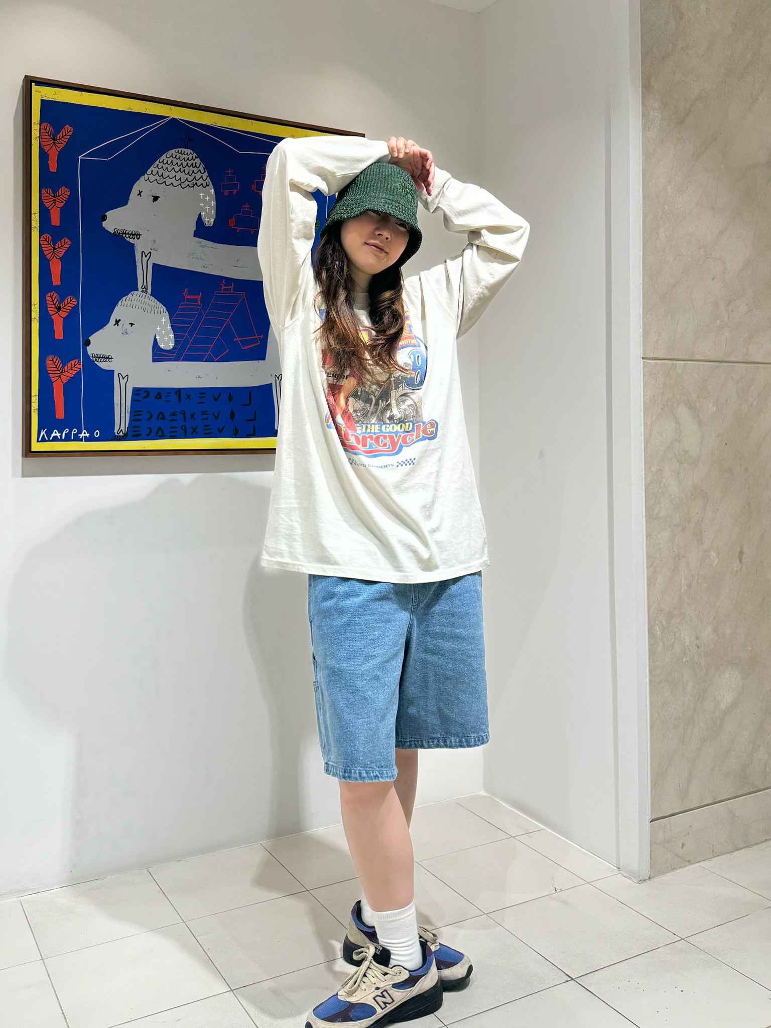 QT8 GARMENTS TL Ace Motors Vintage Washed Long Sleeve Ecru, Stussy Bucket Hat Marl Knit Green 착용 스타일 - 2