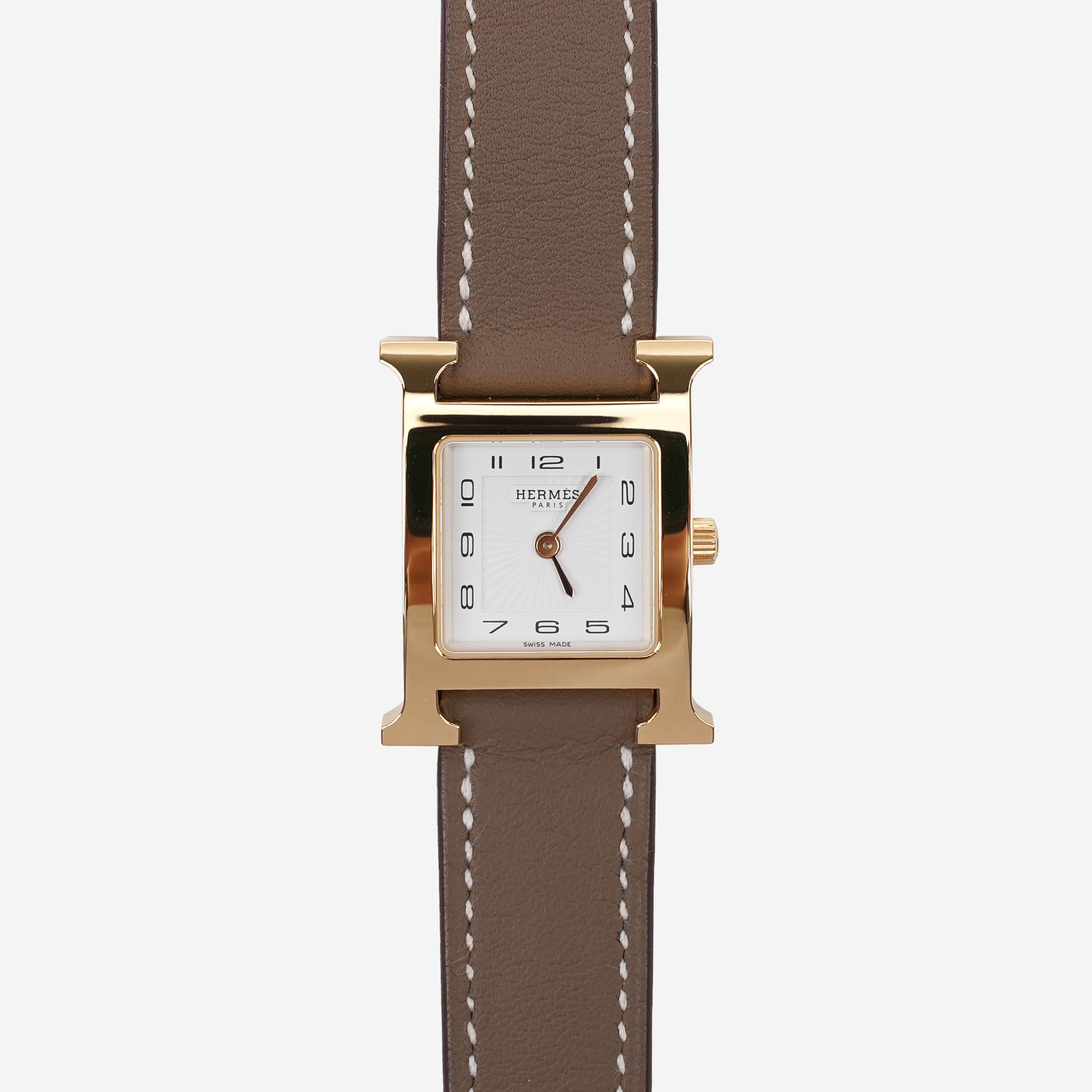 Hermes Heure H Watch Small Etoupe Swift Strap & Yellow Gold Steel