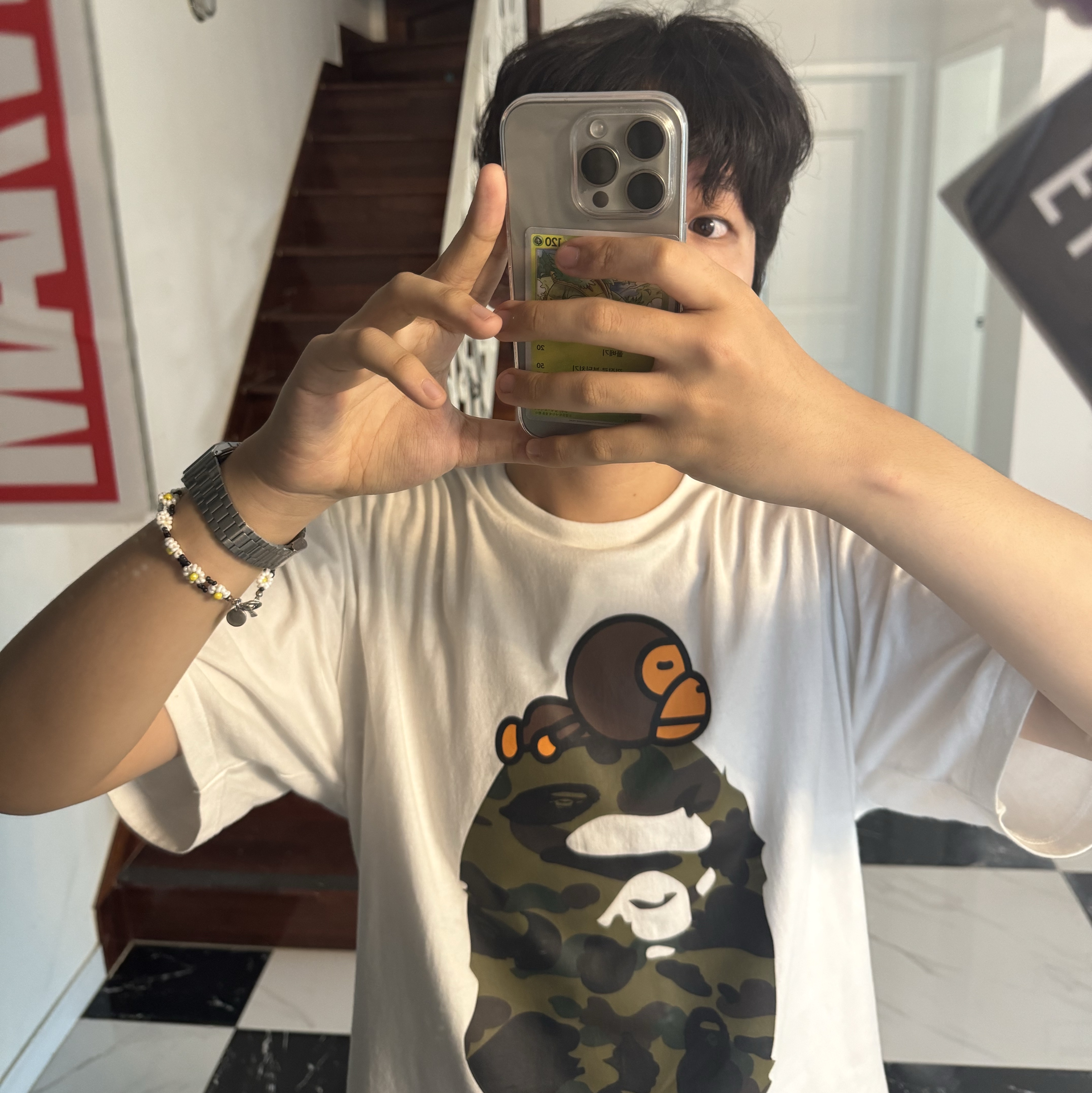 BAPE ABC Camo Milo on Big Ape T-Shirt White Green 착용 스타일