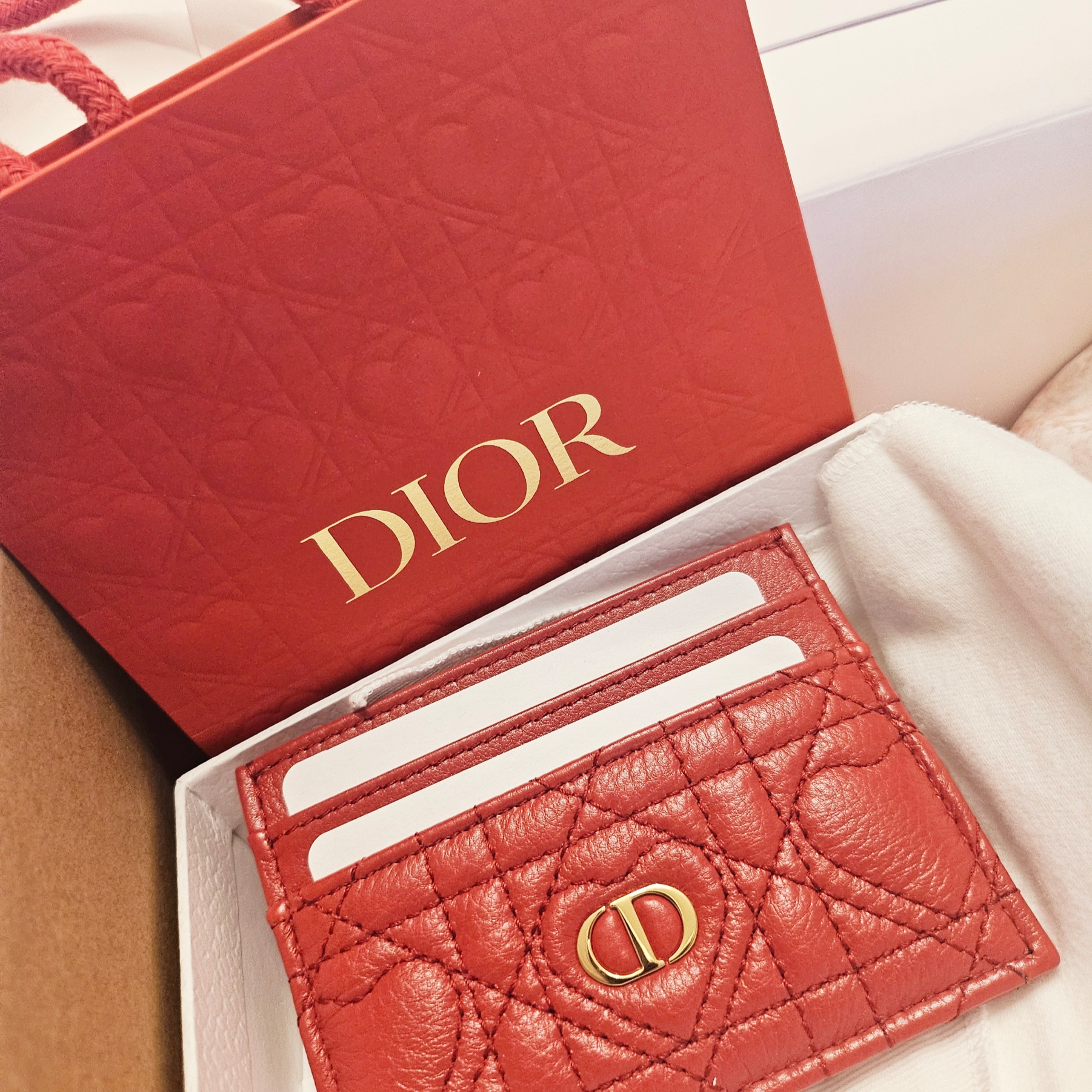 Dior Caro Five-Slot Card Holder Cannage Red Heart Motif 착용 스타일