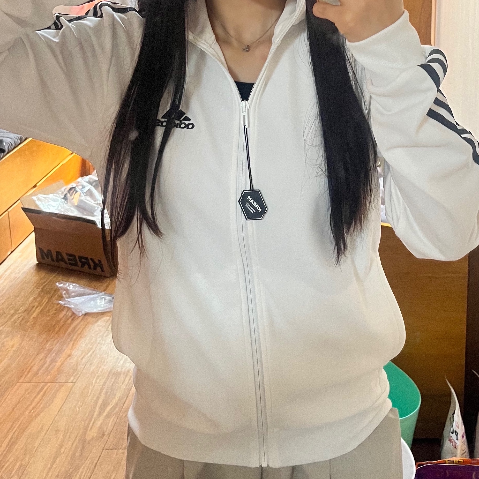 Adidas 3S Regular Fit Double Knit Track Top White - KR Sizing 착용 스타일