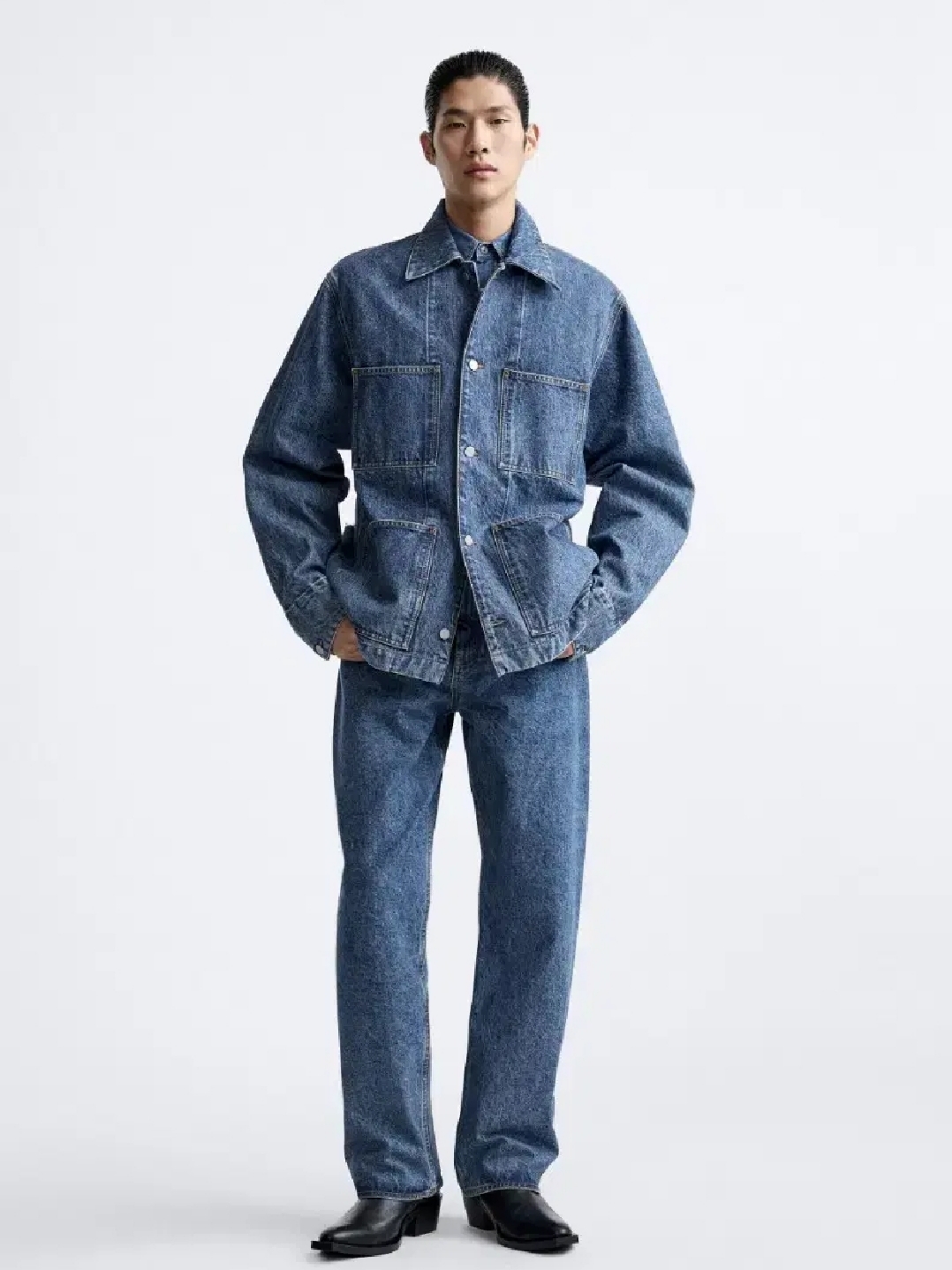 Zara x Studio Nicholson Denim Jacket Blue 착용 스타일