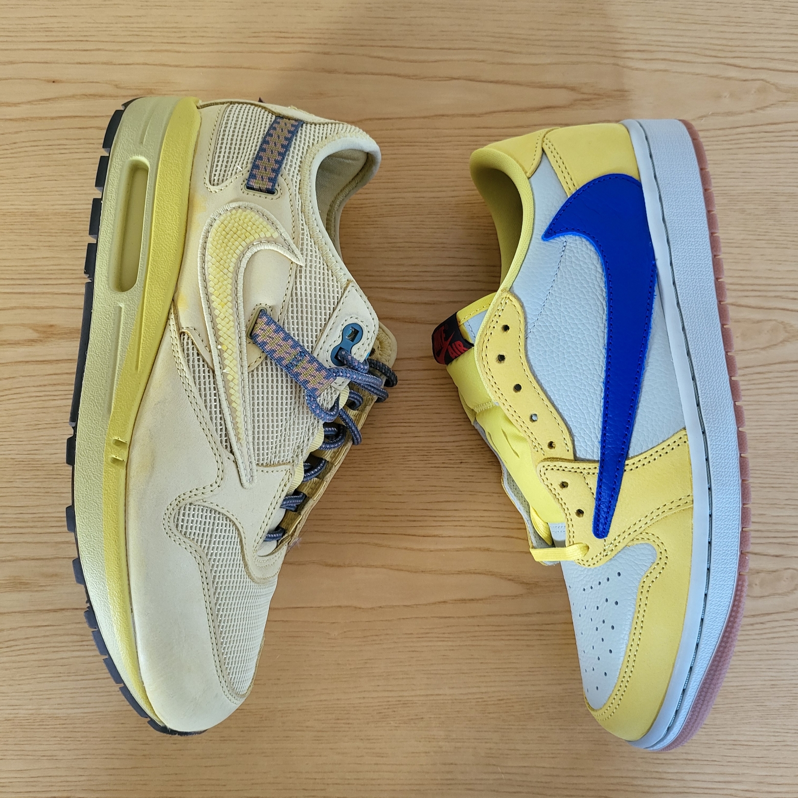 Nike x Travis Scott Air Max 1 Cact.us Gold, (W) Jordan 1 x Travis Scott Retro Low OG SP Canary 착용 스타일 - 3