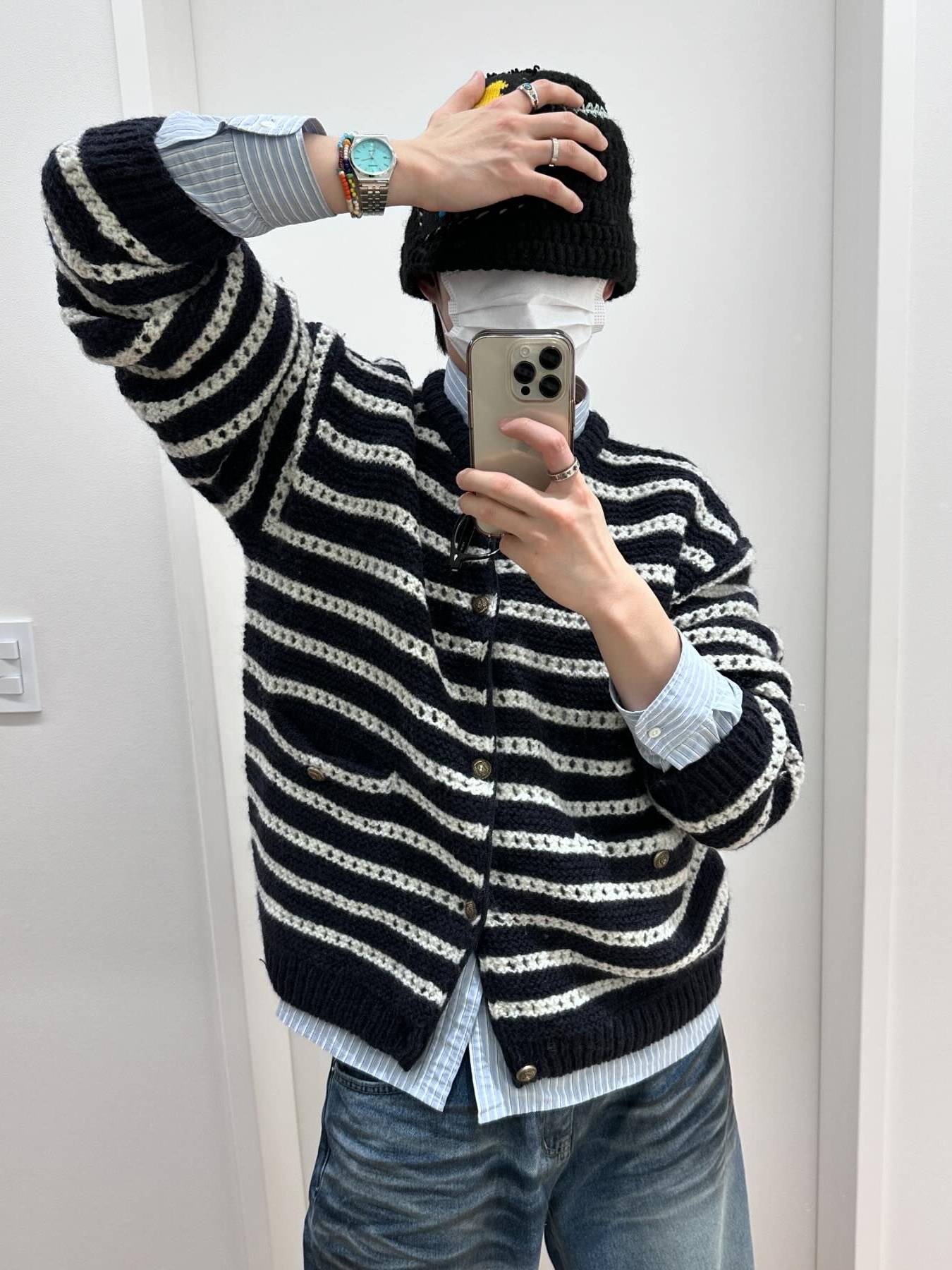 STU Wool Collar Stripe Cardigan Black 착용 스타일 - 1
