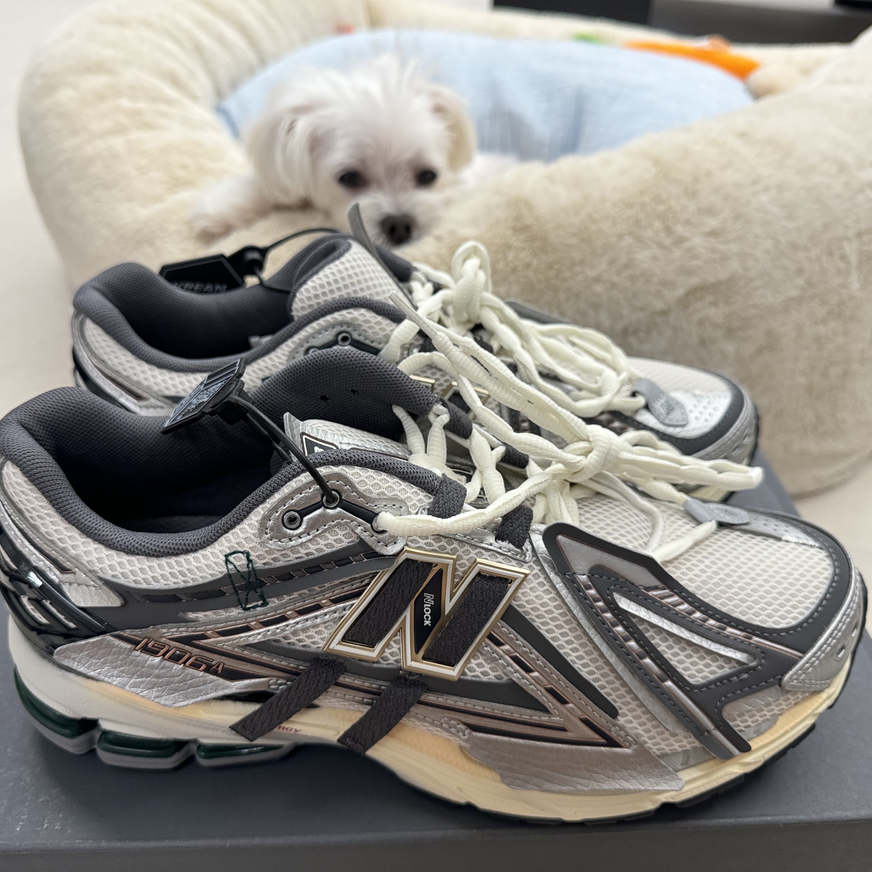 New Balance 1906A Silver Metallic Castlerock 착용 스타일 - 2