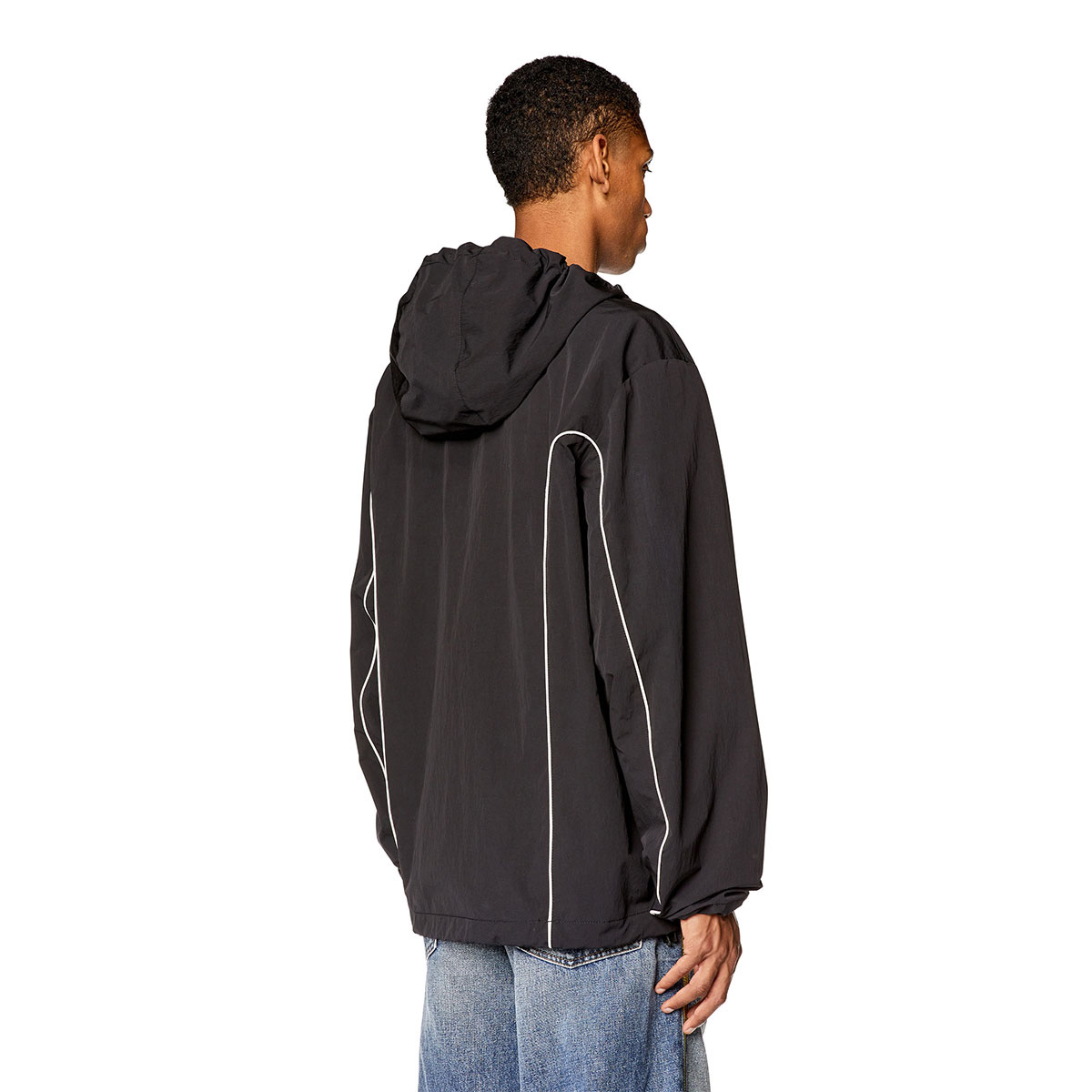 Diesel J-Hivessin Windbreaker Jacket with Contrast Piping Black, Diesel D-Rise 007r9 Straight Jeans Medium Blue 착용 스타일 - 3