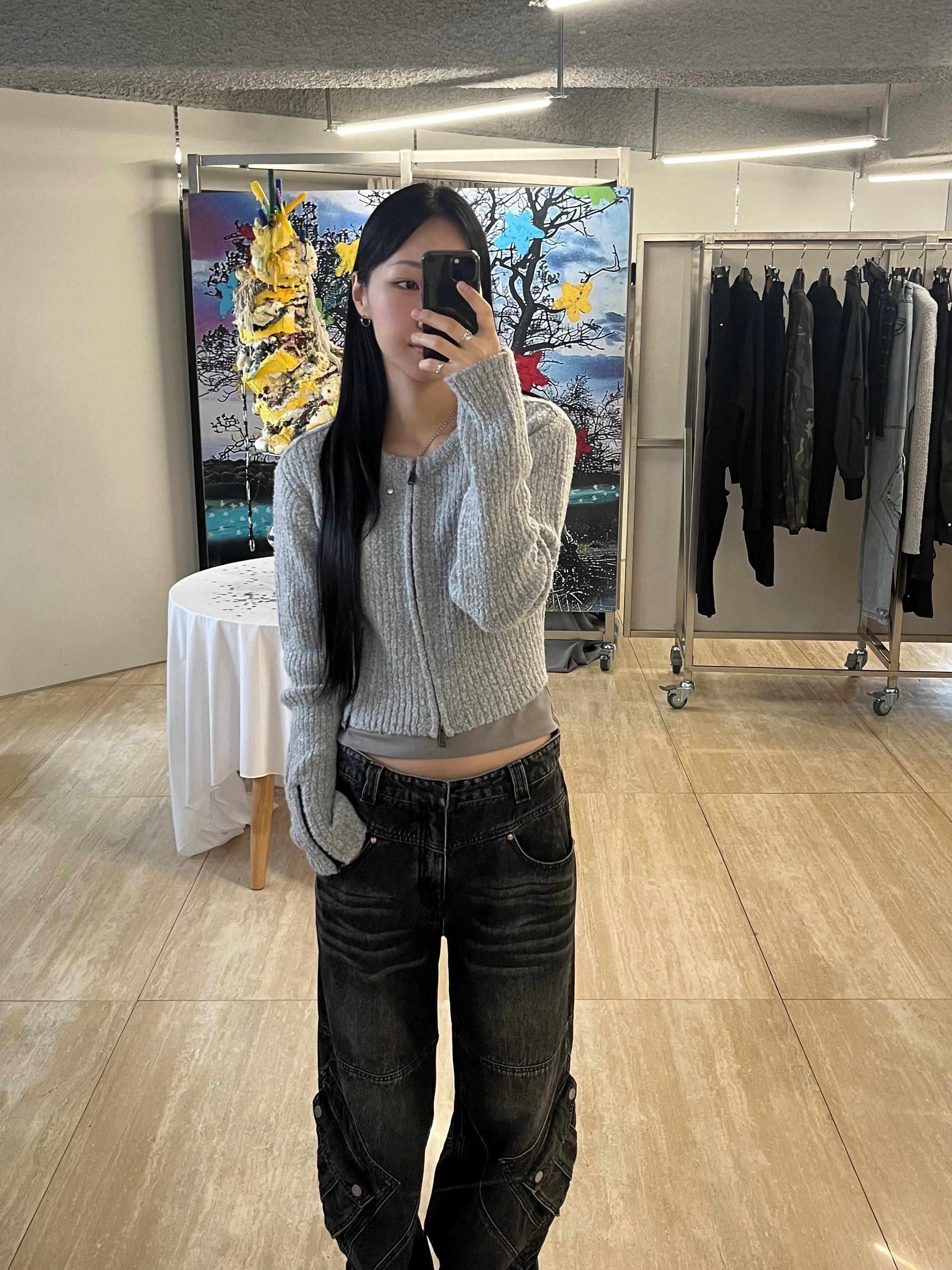 Vacant Archive Neah Knitted Zip-Up Grey, Vacant Archive Neah Knitted Zip-Up Black 착용 스타일