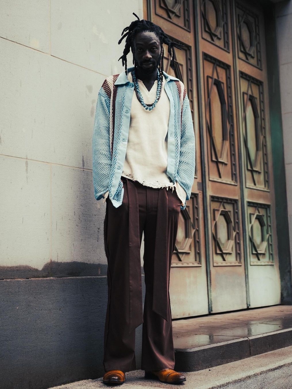Lamrof Ami Art Polo Cardigan Sax - 24FW 착용 스타일 - 1