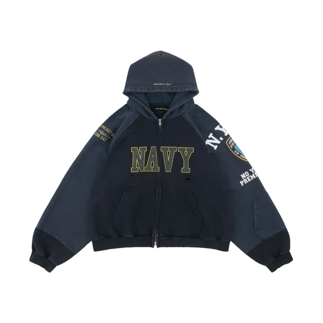 ★韓国の人気★【Project G/R】★GVP Washed Hoodie★Navy★ 프로젝트 G/R 리컨스트럭티드 폴디드 집 후드 네이비 | PROJECT