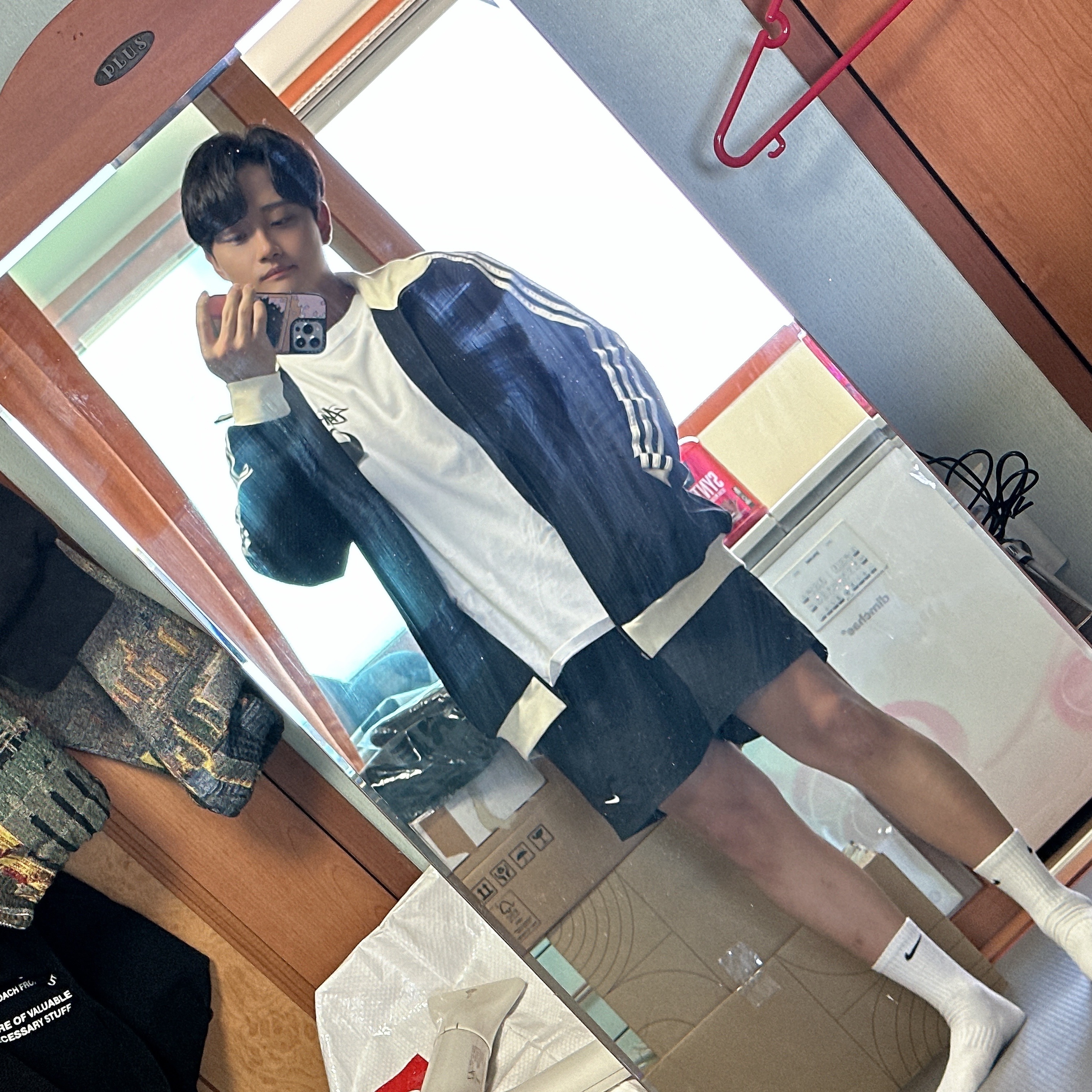 Adidas Waffle Beckenbauer Track Top Black - KR Sizing, Nike Solo Swoosh Woven Shorts Black - Asia 착용 스타일 - 1