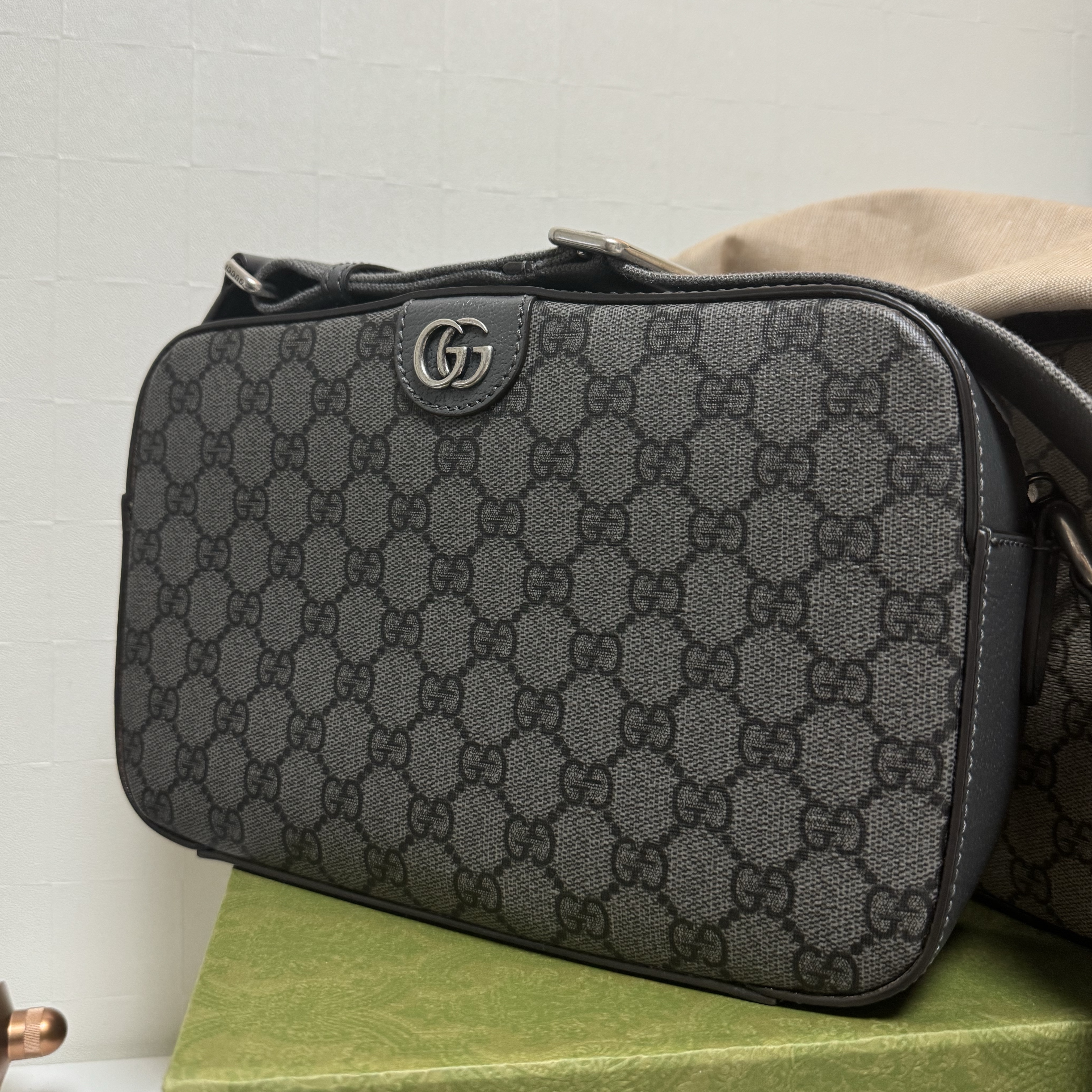 Gucci Ophidia Medium Crossbody Bag Grey Black Supreme 착용 스타일