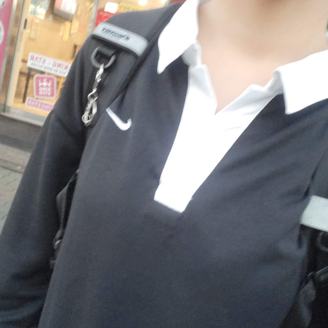 (W) Nike NSW Essential Oversized Long Sleeve Polo Black White - Asia 착용 스타일