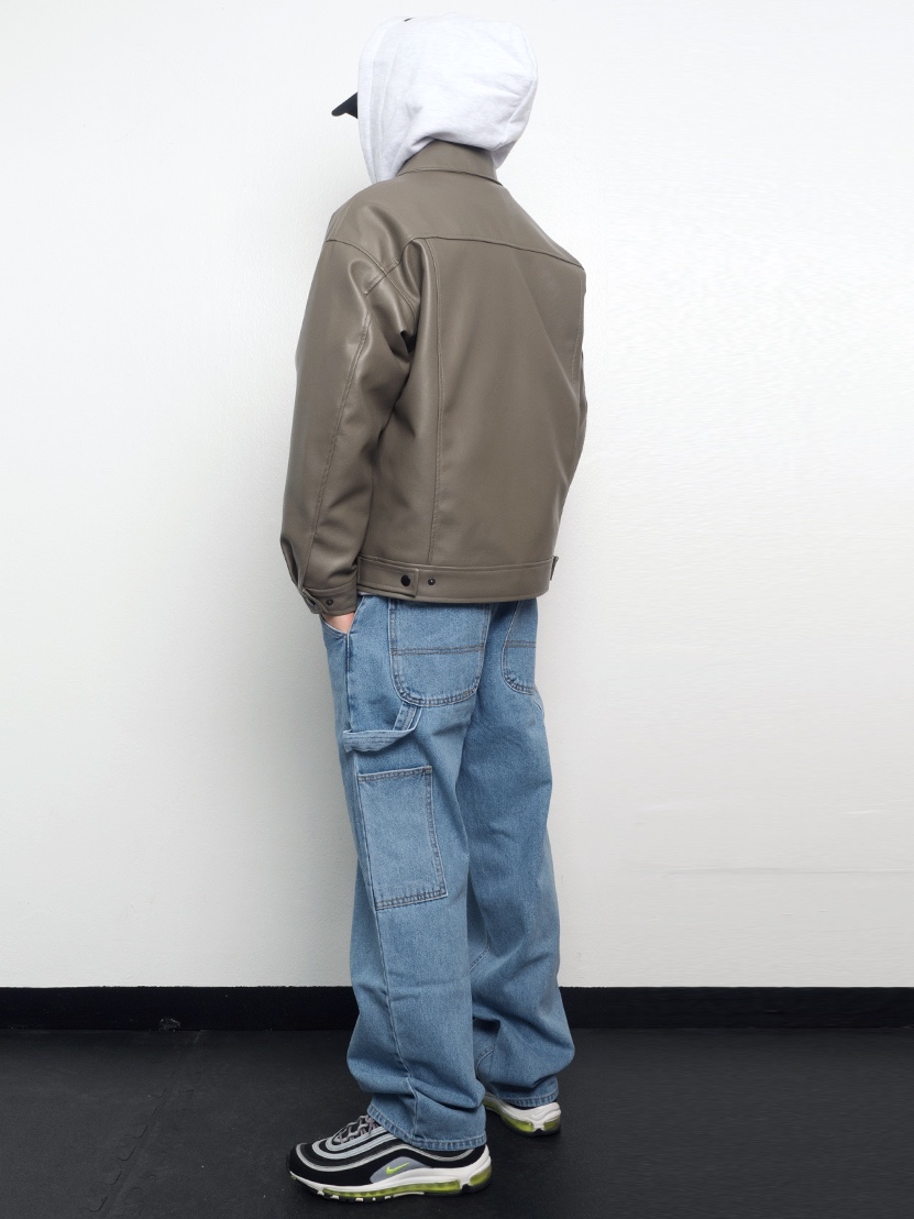 QT8 Garments TL Synthetic Leather Single Jacket Grey Khaki, QT8 Garments TL Denim Carpenter Pant Blue 착용 스타일 - 2