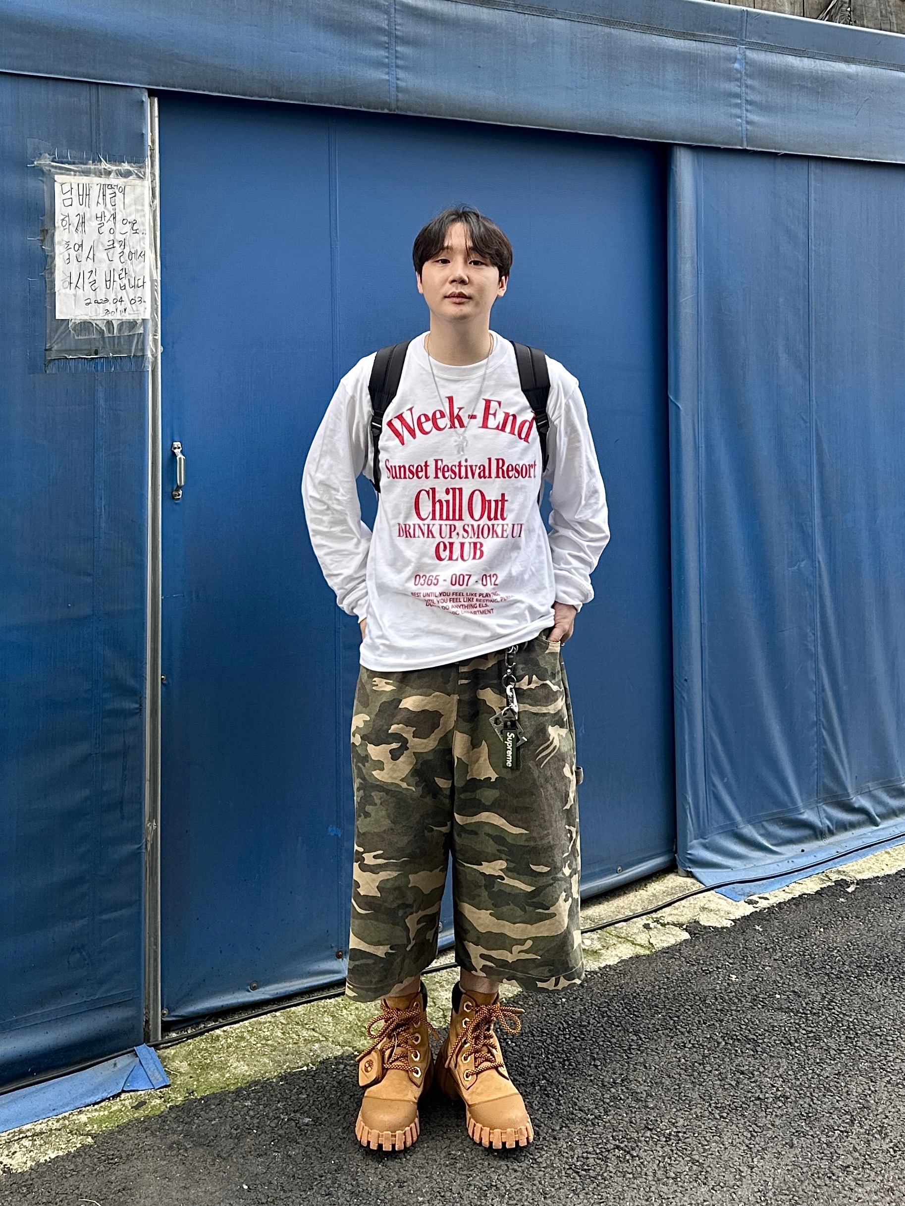 Timberland x Humberto Leon 6 Inch Boot Wheat Nubuck - Medium, Supreme Webbing Keychain Green Camo - 23SS 착용 스타일 - 2