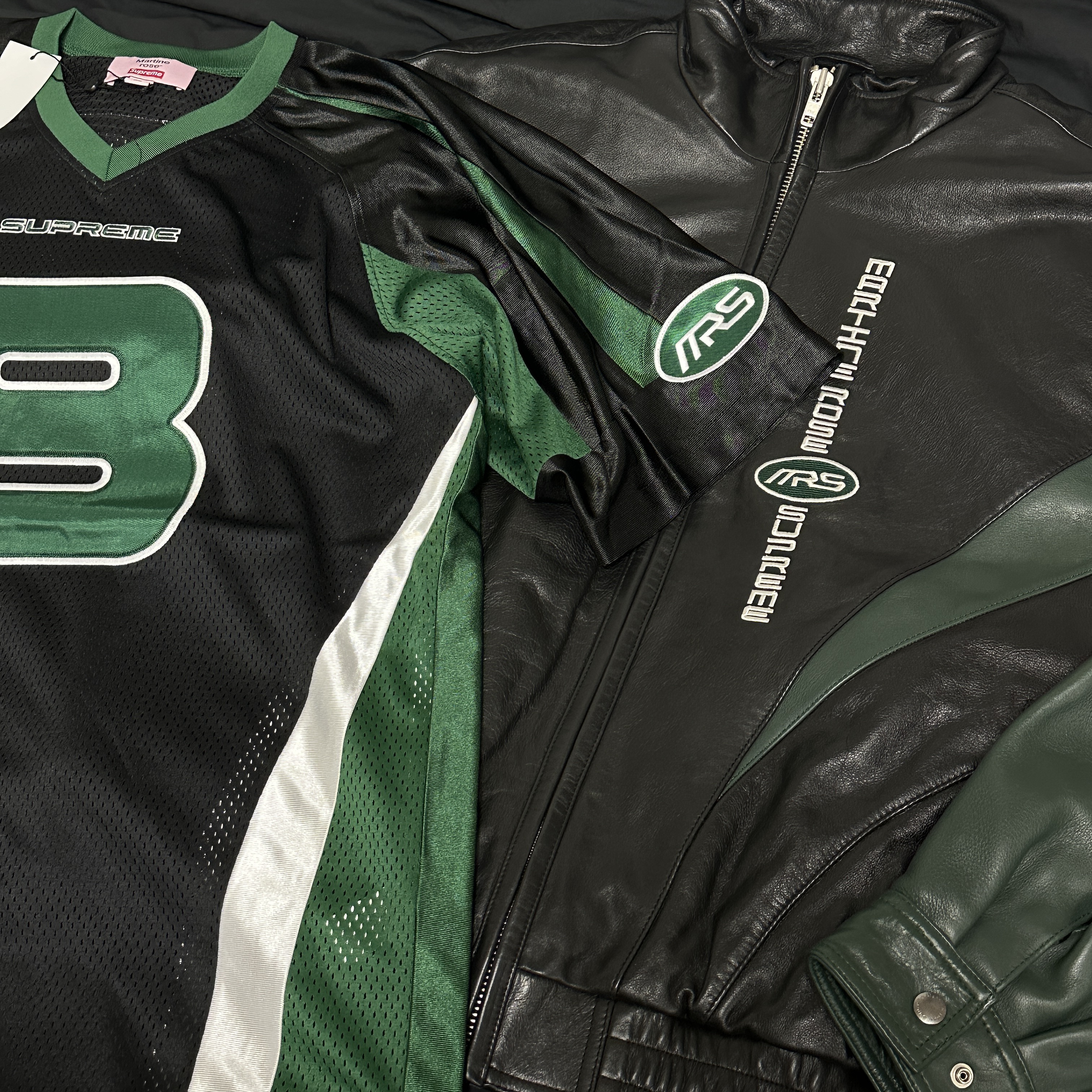 Supreme x Martine Rose Leather Jacket Black - 24FW, Supreme x Martine Rose Football Jersey Black - 24FW 착용 스타일