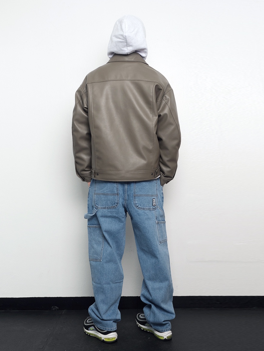 QT8 Garments TL Synthetic Leather Single Jacket Grey Khaki, QT8 Garments TL Denim Carpenter Pant Blue 착용 스타일 - 3