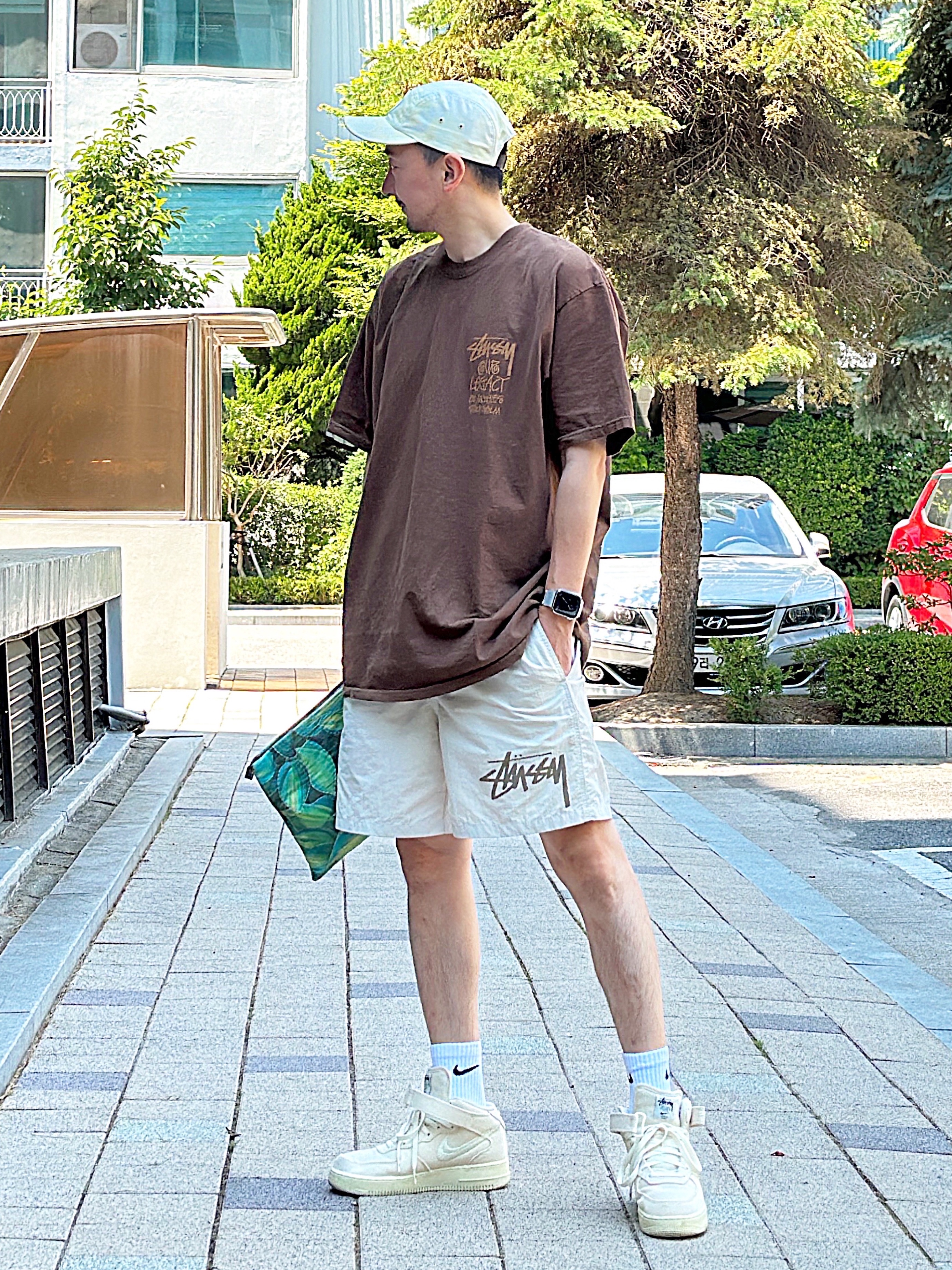 Supreme x Stone Island Reactive Ice Camo Ripstop Camp Cap Tan - 22SS, Stussy x Our Legacy Surfman Pigment Dyed T-Shirt Dark Brown 착용 스타일