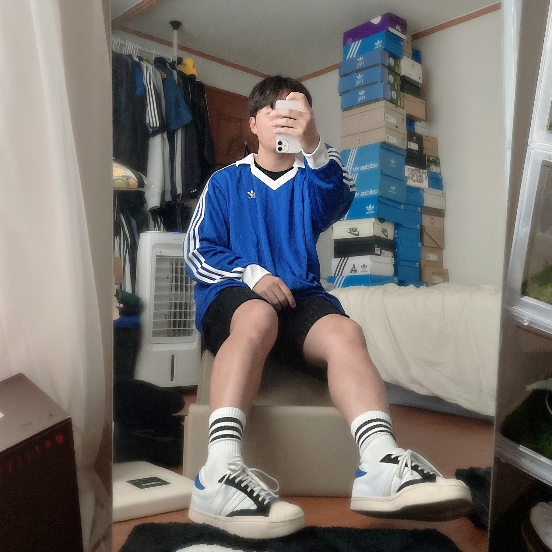Y-3 Yohji Star Cloud White Bold Blue, Adidas Adicolor Pique Football Long Sleeve Semi Lucid Blue - KR Sizing 착용 스타일